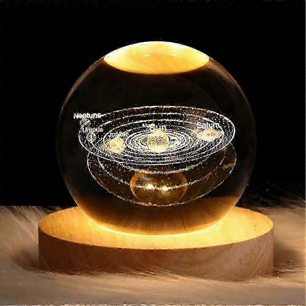 3D Galaxy Solar System Crystal Ball Night Light with Base - Laser Engraved Planet Lamp for Bedside & Desktop