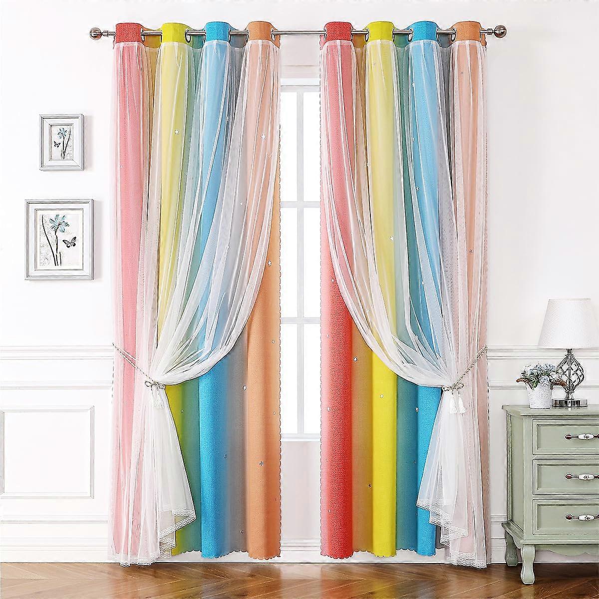 2 Panels Blackout Curtains with Sheer,Thermal Insulated Mix Match Double Layer (Orange Blue Yellow, W52×L63)