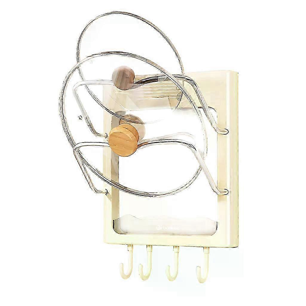 Support de rangement de cuisine mural pour couvercles de casseroles avec 2 étagères et 4 crochets, aucun clou requis, solution de rangement jaune