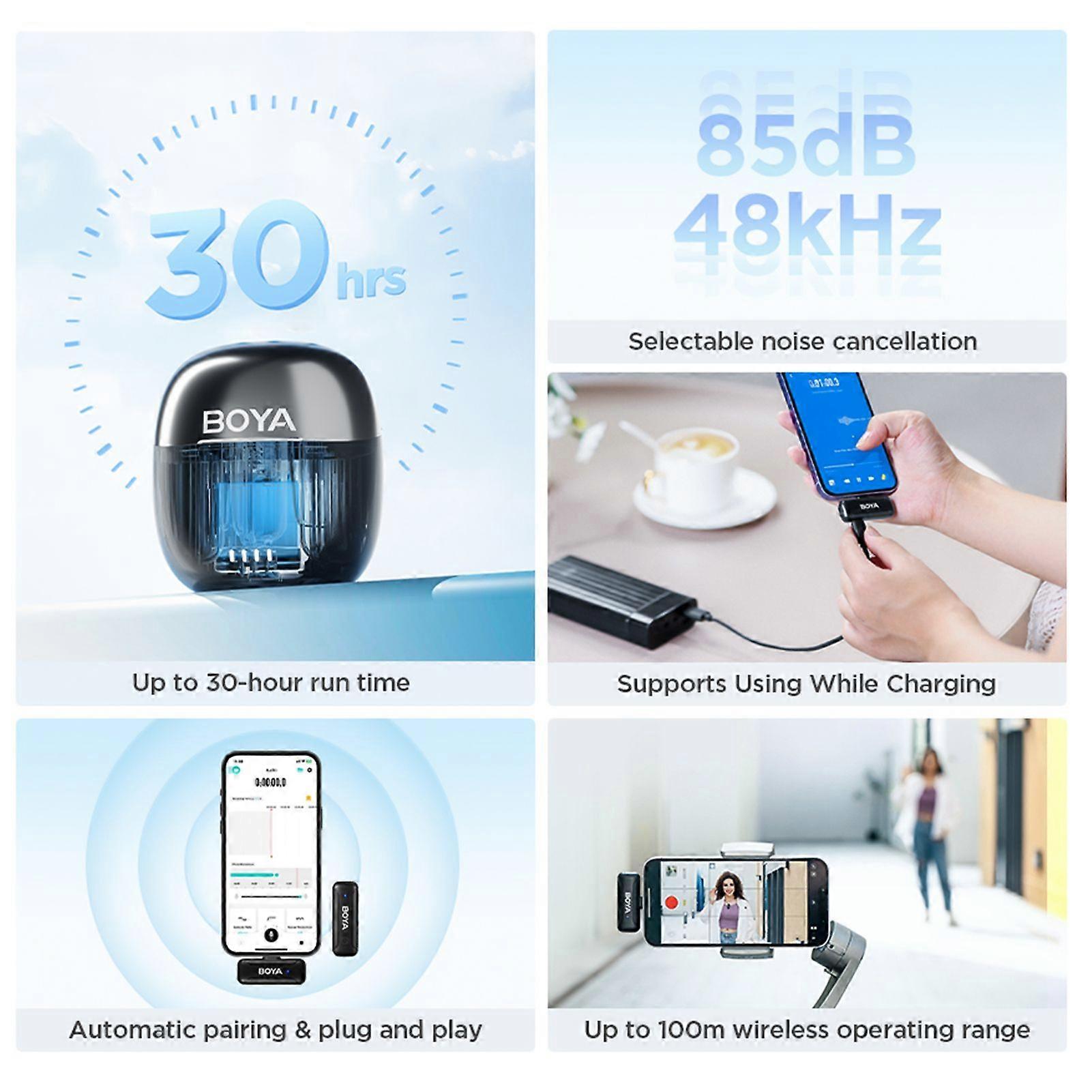 BOYA BY-WM3T-D2 Wireless Microphone System with 1 Receiver + 2 Transmitters + Charging Box 100M Transmission Range 10h Duration Smart Noise Reduction