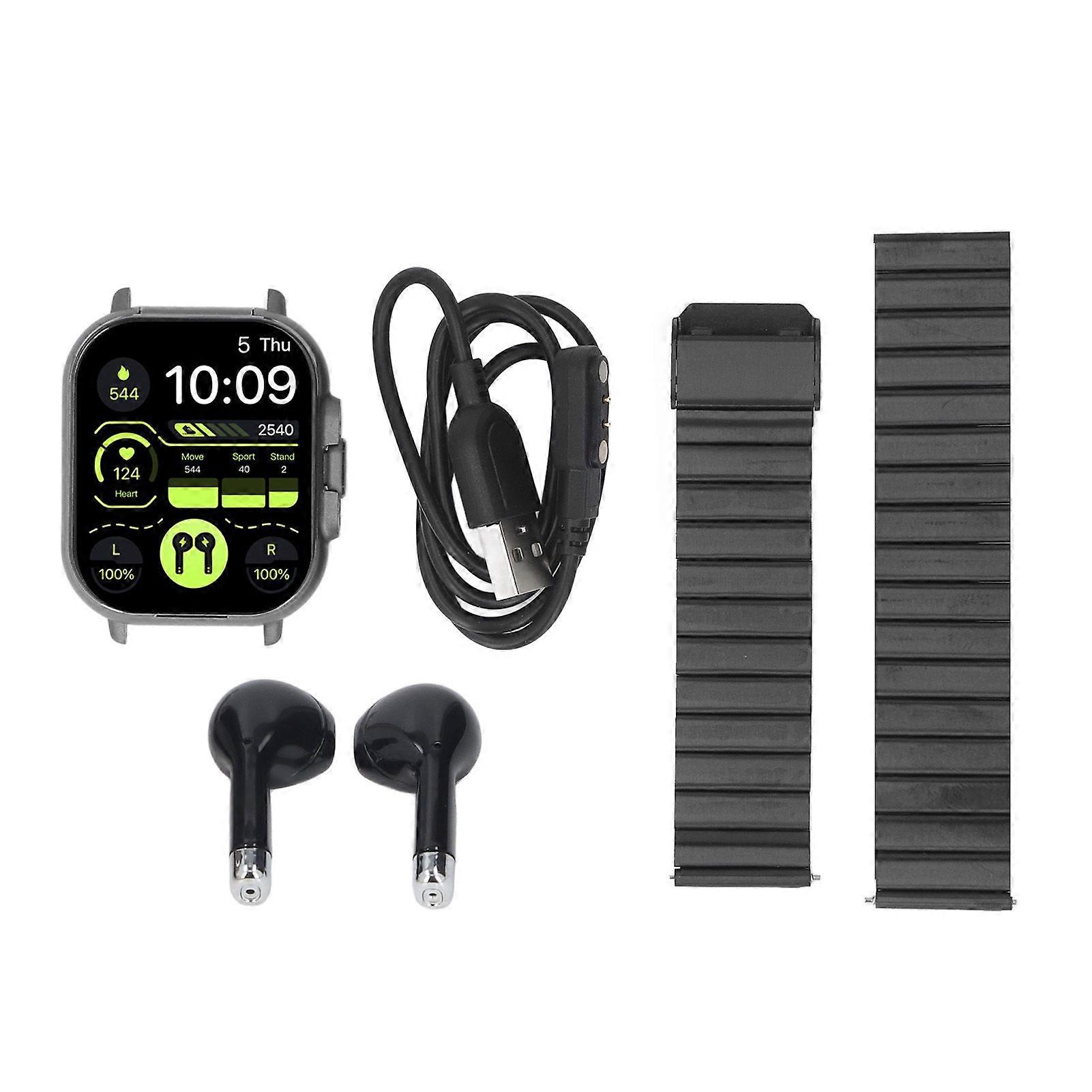 2 in 1 Smart Watch with Earbuds 2.01 Inch HD Touch Screen Bluetooth Call Fitness Tracker Sports Watch for IOS for Android Black Steel