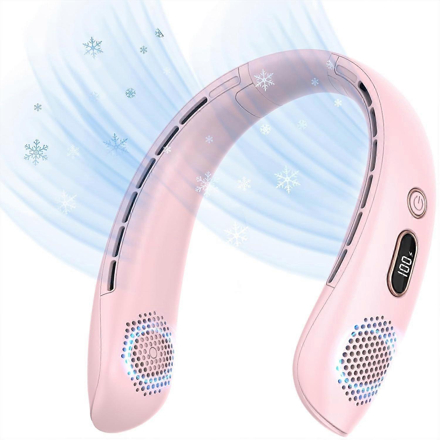 Neck Fan, Portable Bladeless Fan, 3000mAh Battery USB Rechargeable, LED Display, 360 Cooling, 3 Speeds, Quiet - Pink