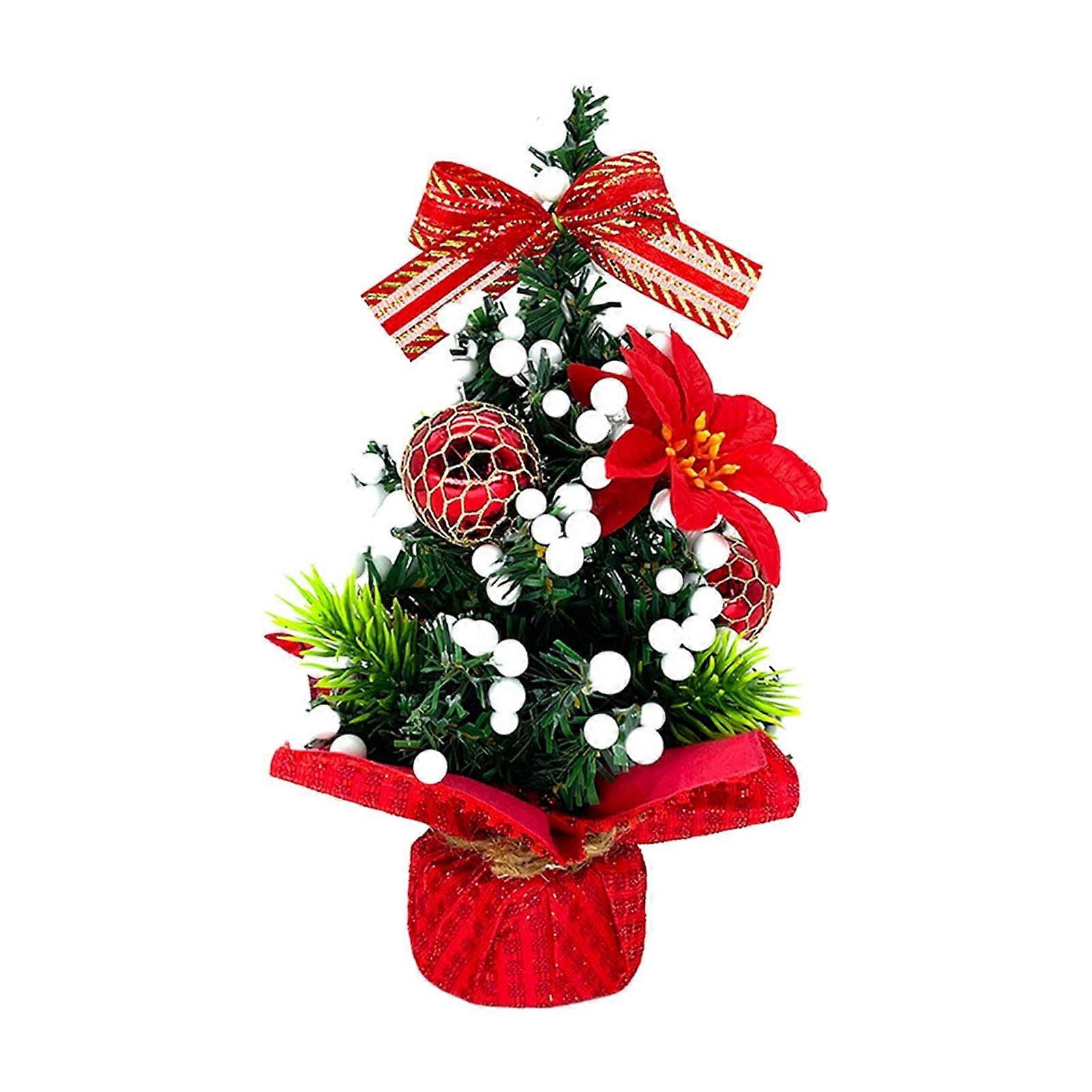 8 Inch Mini Christmas Tree with Base, Artificial Tabletop Tree Decor, Small Xmas Tree with Ribbon Balls & Berries, Indoor Home Party Decoration