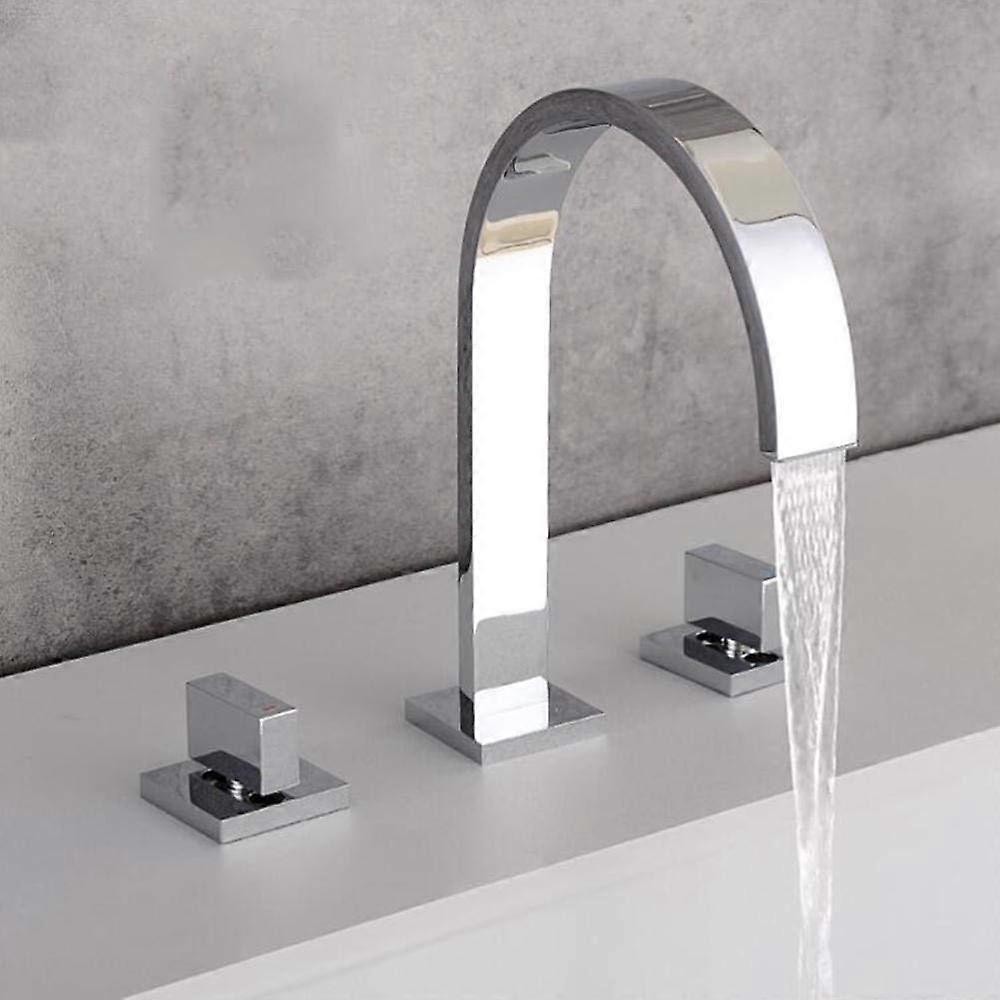 3 Hole Basin Mixer Tap Brass Waterfall Faucet with Hot and Cold Double Handles for Bathroom Sink - Black Cromo Nero