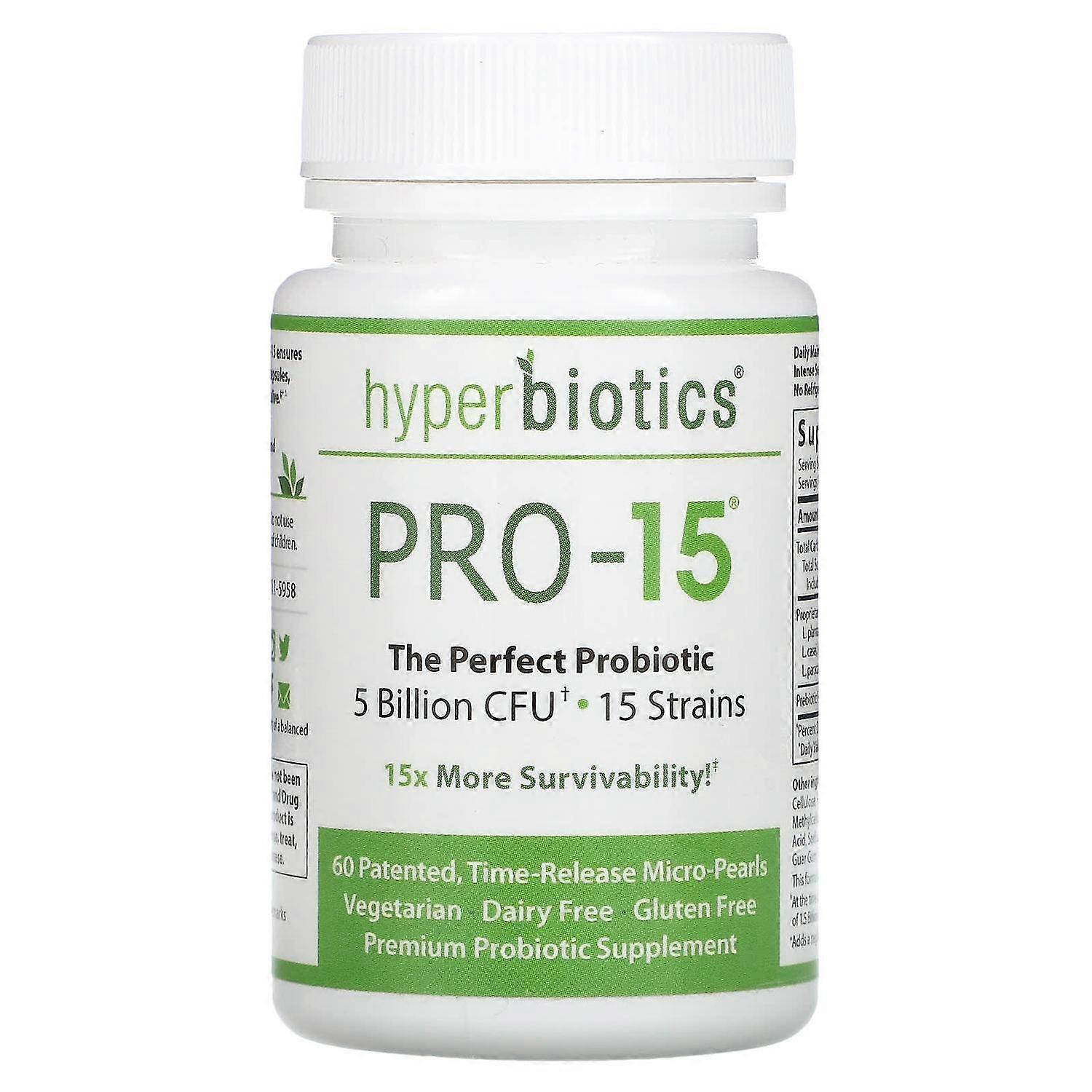 Hyperbiotics, PRO-15, The Perfect Probiotic, 5 Billion CFU, 60 Patented, Time-Release Micro-Pearls