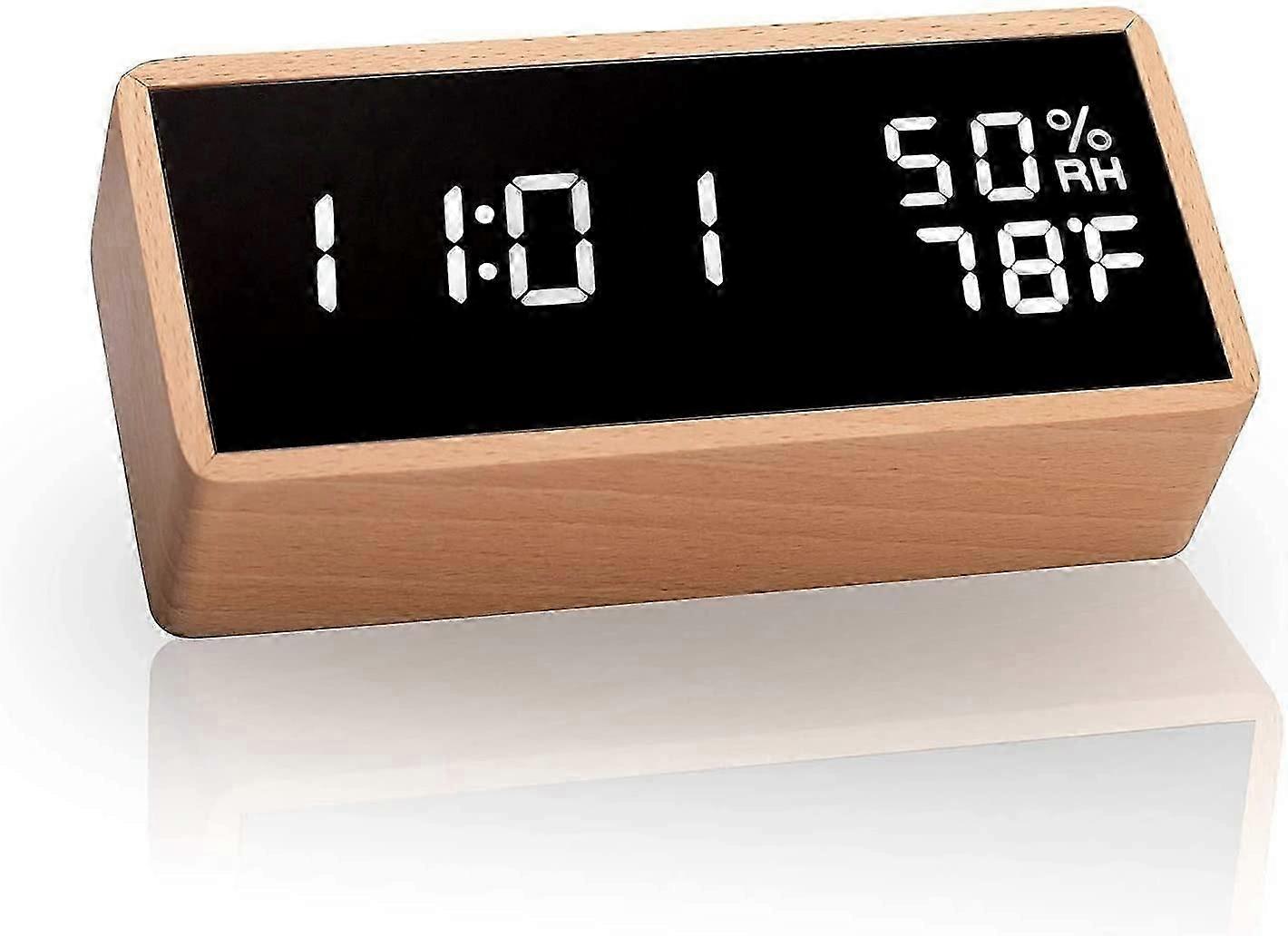 Electronic Alarm Clock, Glass Digital Alarm Clock with 3 Alarm Settings, USB Powered Digital Clock with LED Time, Temperature and Humidity Display (Wh