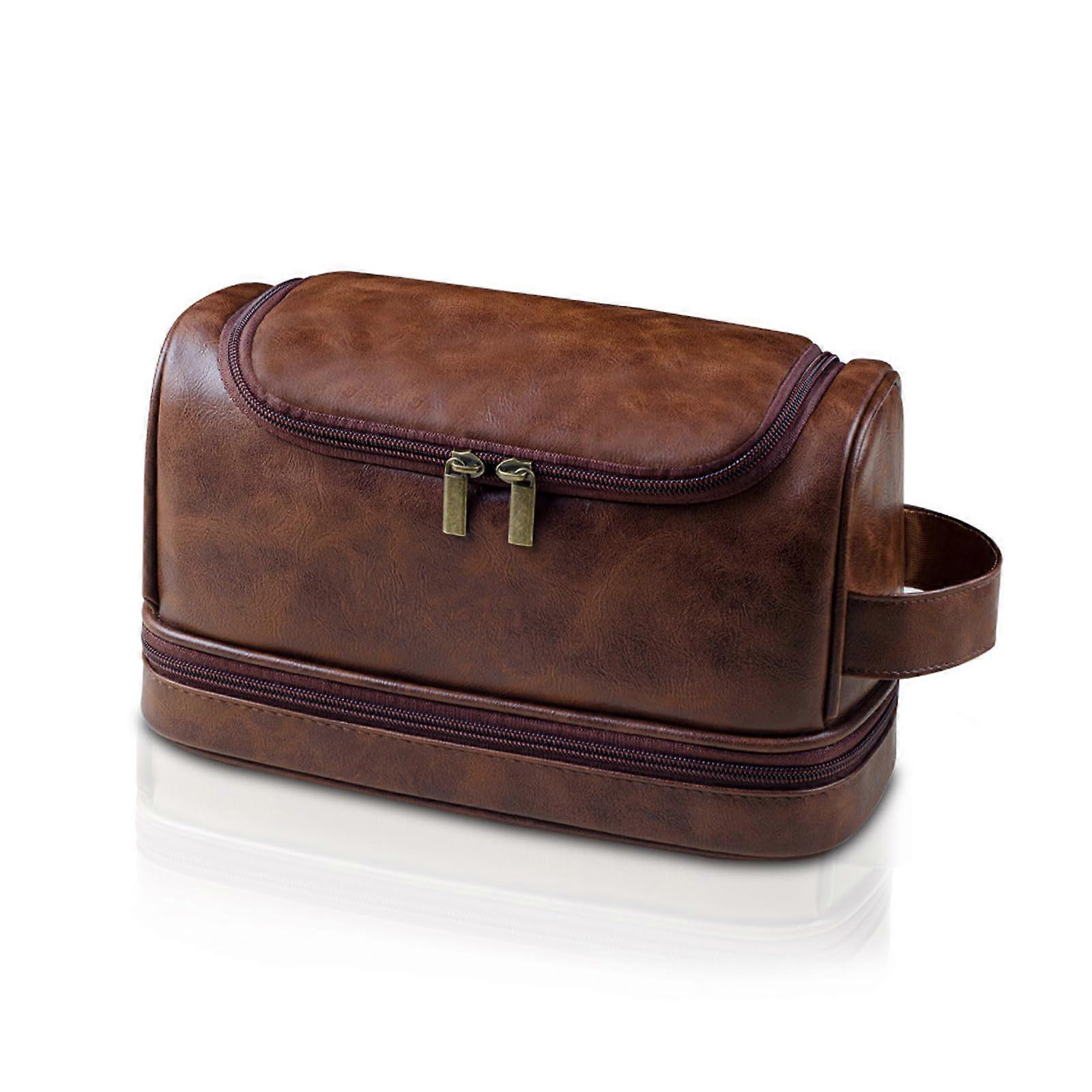 Toiletry Bag for Men, Large Leather Dopp Kit With Hanging Hook, Travel Grooming And Shaving Kit, Red Brown