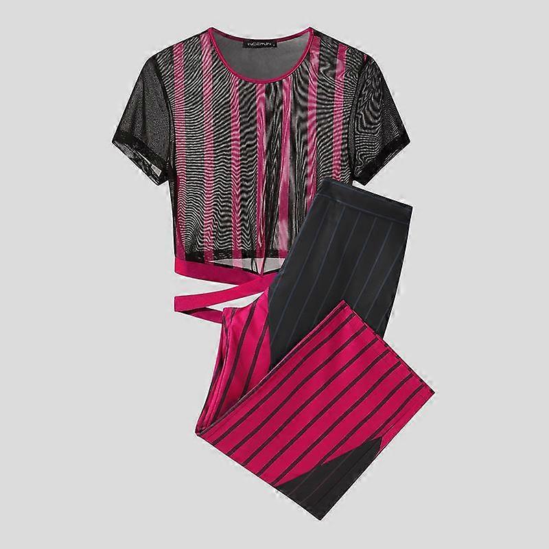 INCERUN Men Sets Short Sleeve Striped Mesh Sheer Crop Tops Elastic Waist Long Pants 2PCS