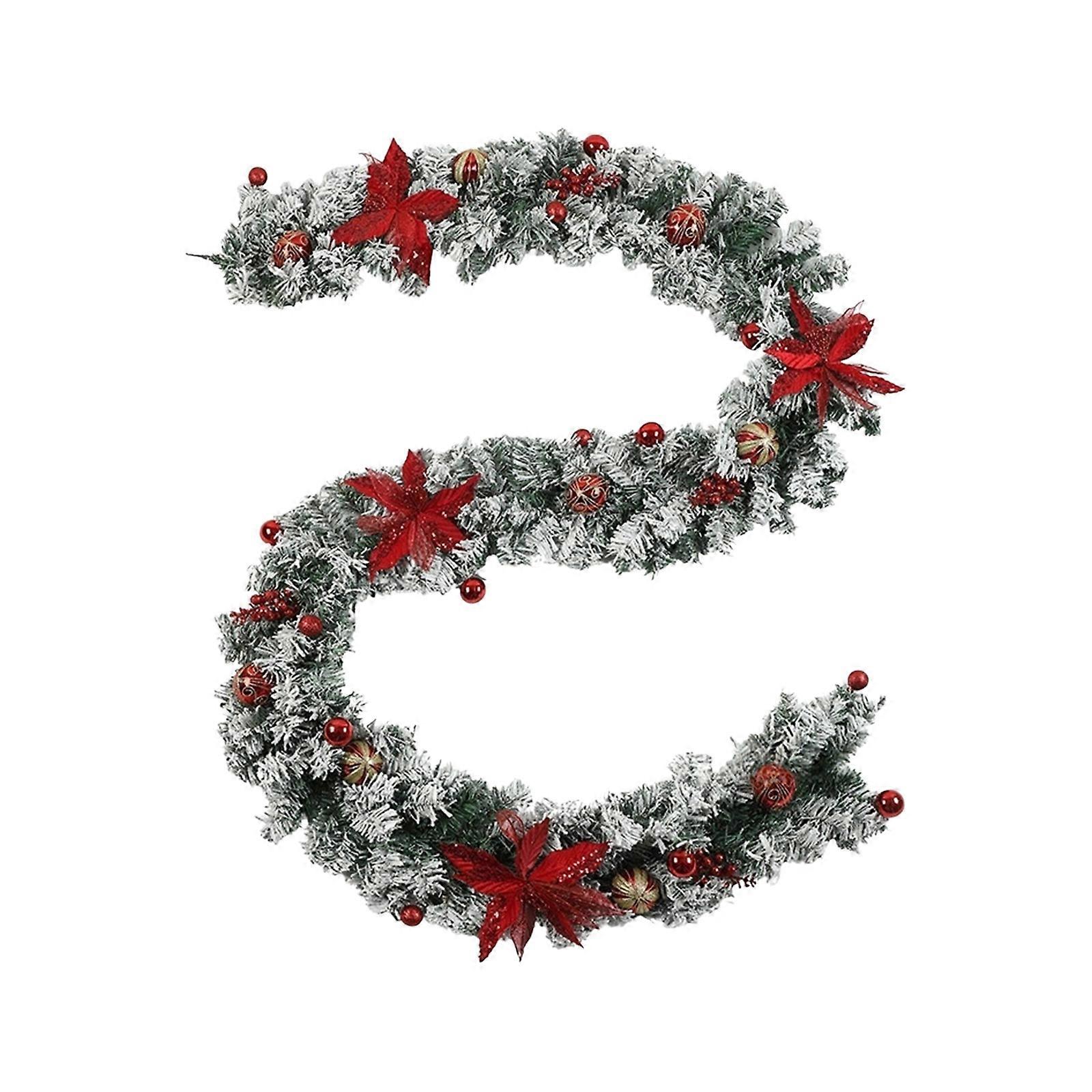 White Christmas Wreath With Flocking Finish For Seasonal Indoor Window Display Pine Garlands With Red Berries  Red 1.5M