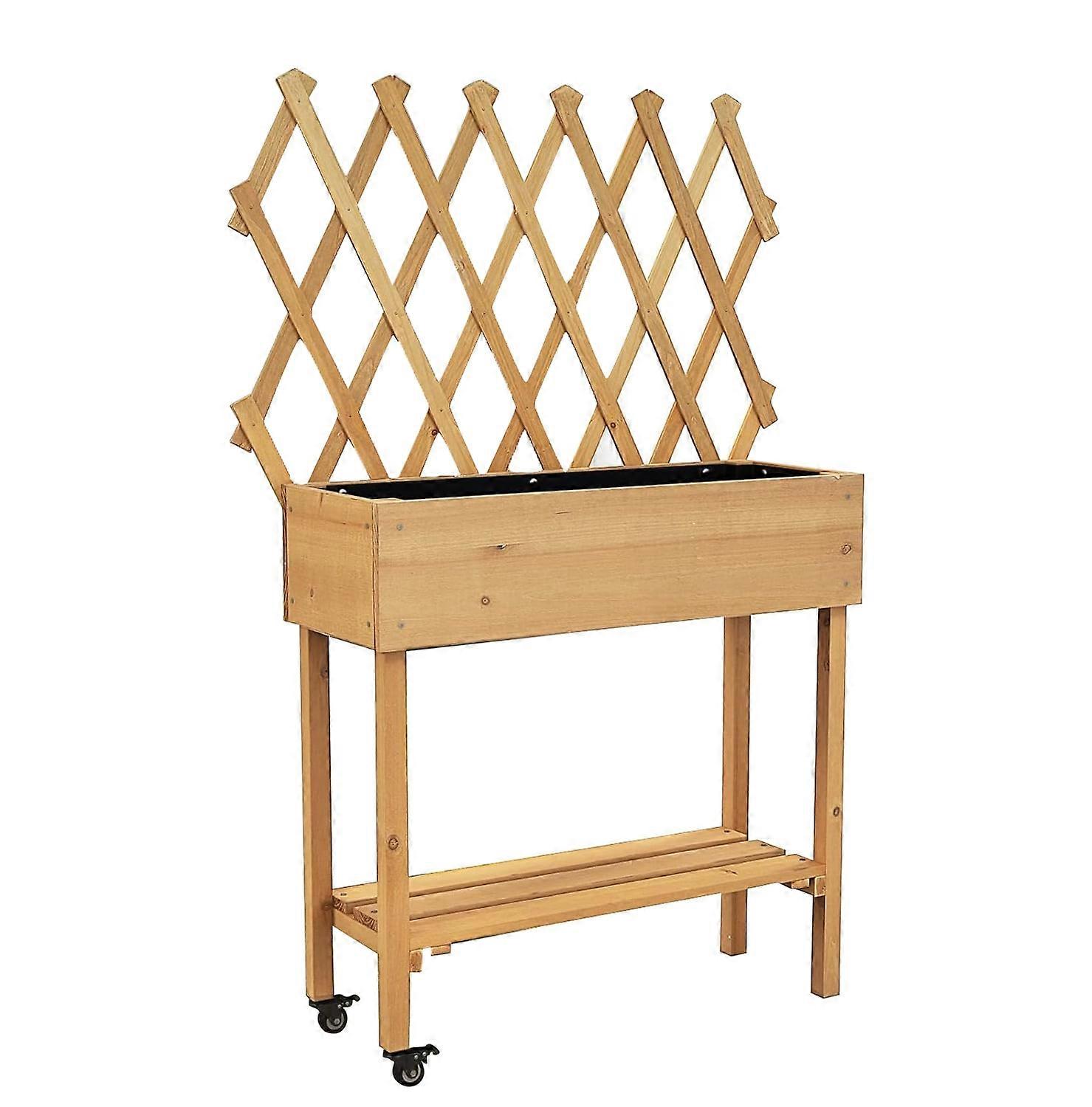 Raised Garden Bed with Trellis, Fir Wood Elevated Planter with Legs, 2 Lockable Wheels & Shelf, Compatible with Yard, Balcony, Greenhouse