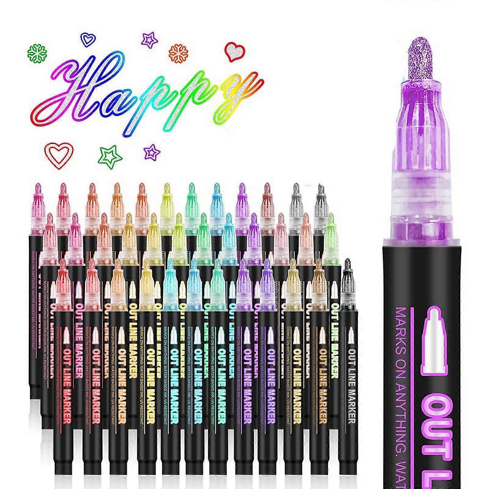 Double Line Outline Markers, 36 Colors Super Squiggles Shimmer Outline Marker Pen Set, Self Outline Metallic Markers