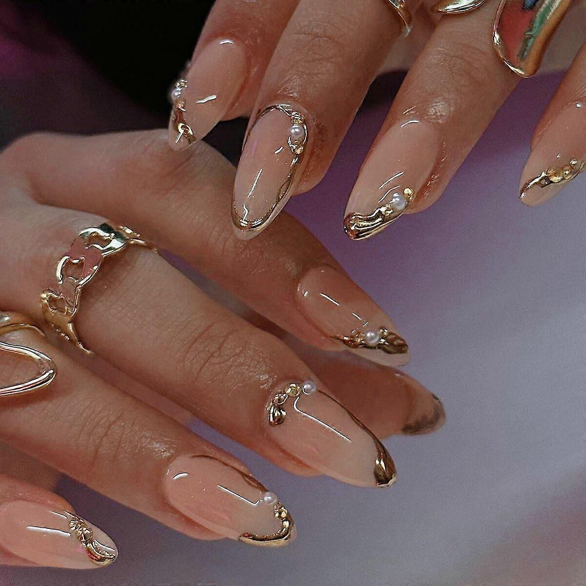 Almond French Tip Press On Nails with 3D Gold Chrome Pearls, Medium Glue On Fake Nails Set 24pcs