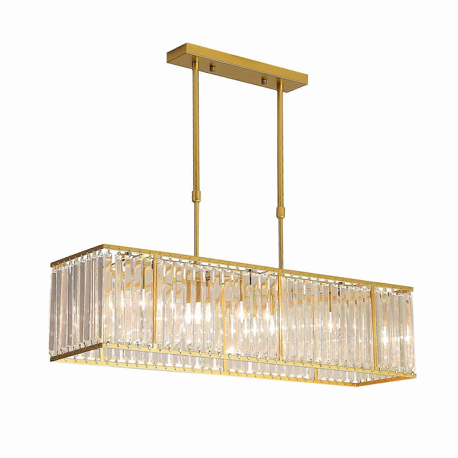 Modern Rectangular Crystal Chandelier Gold 4Light Dining Room Pendant Light with Adjustable Height 33.5 x 8.6 Inch