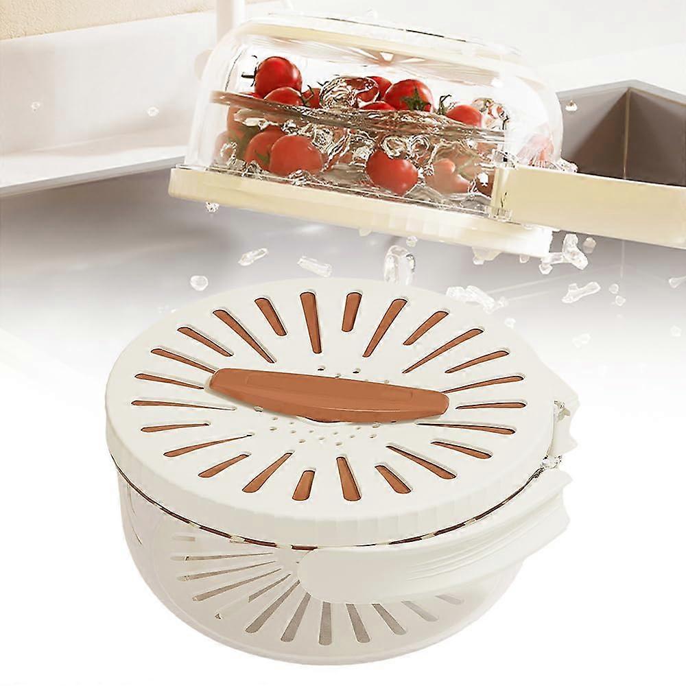 Fruit Strainer Bowl with Lid, 2 in 1 Vegetable Washing and Storage Basket, Foldable Handle Brown