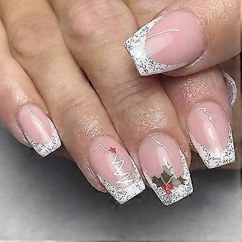 Christmas Press On Nails Pink Snowflake Coffin Fake Nails 24pcs ReadyToWear Salon Style