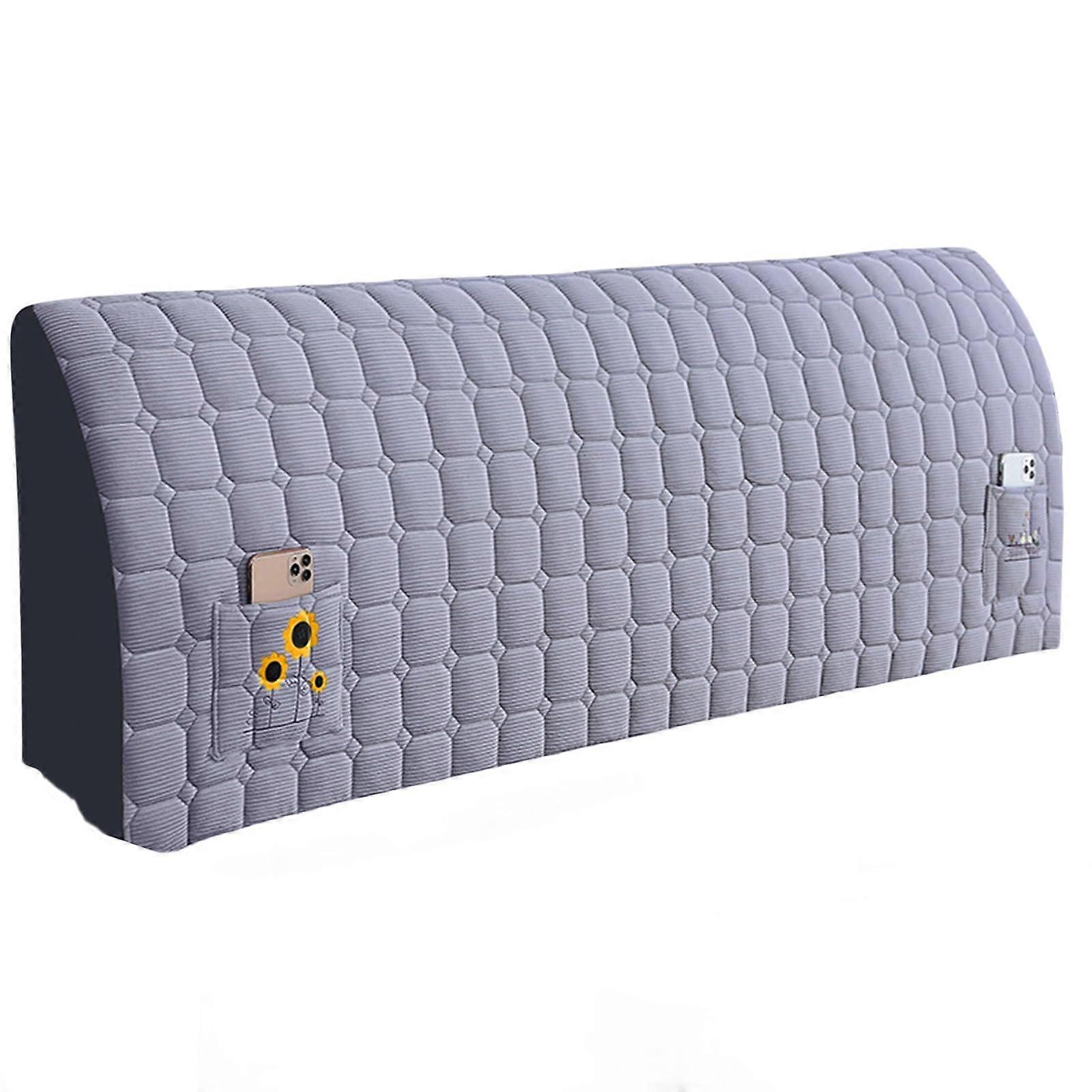 Velvet Stretch Headboard Cover with Pockets Dustproof Washable Protector Light Gray 190cm