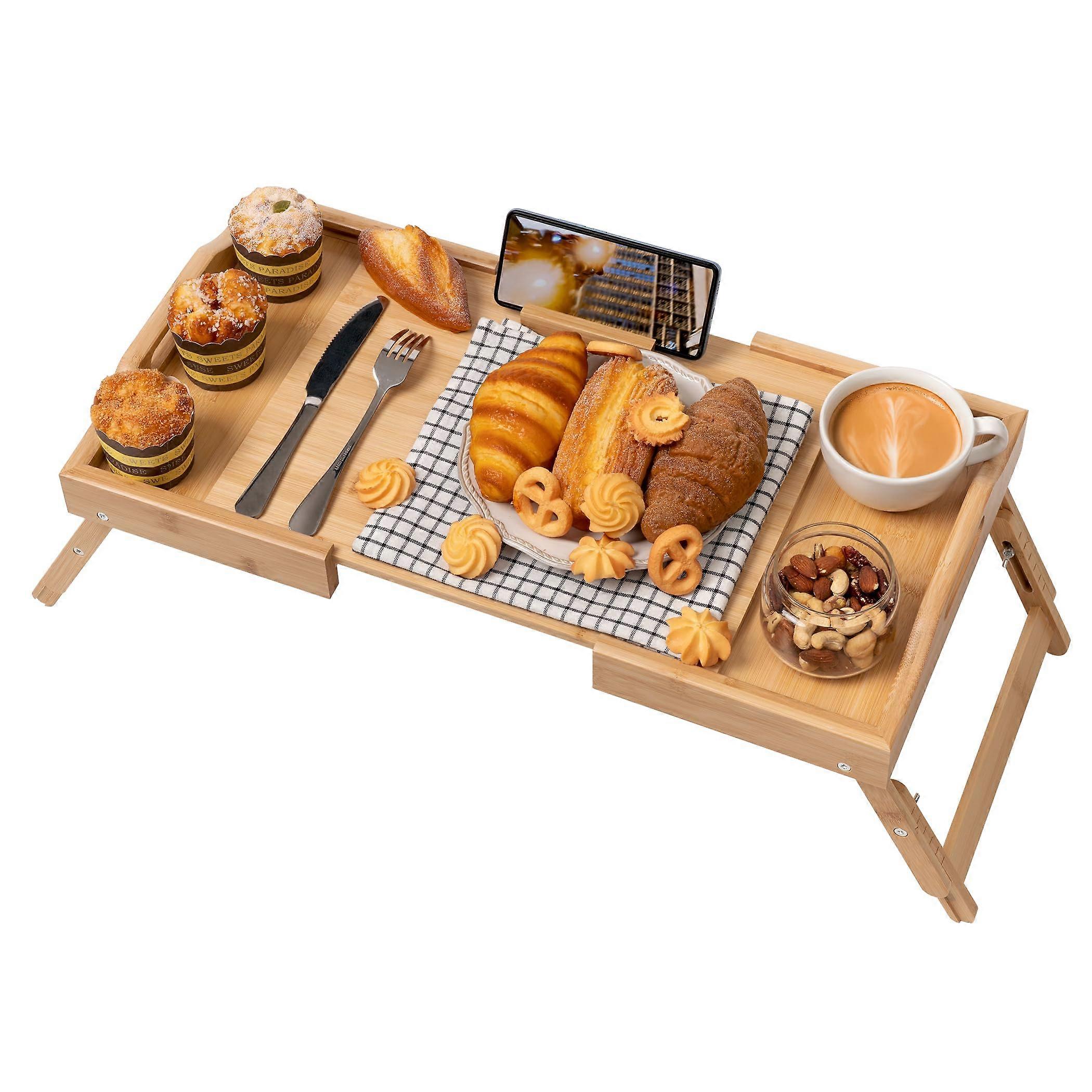 Expandable Bamboo Bed Tray Table with Adjustable Height, 360° Rotating Holder and Foldable Legs