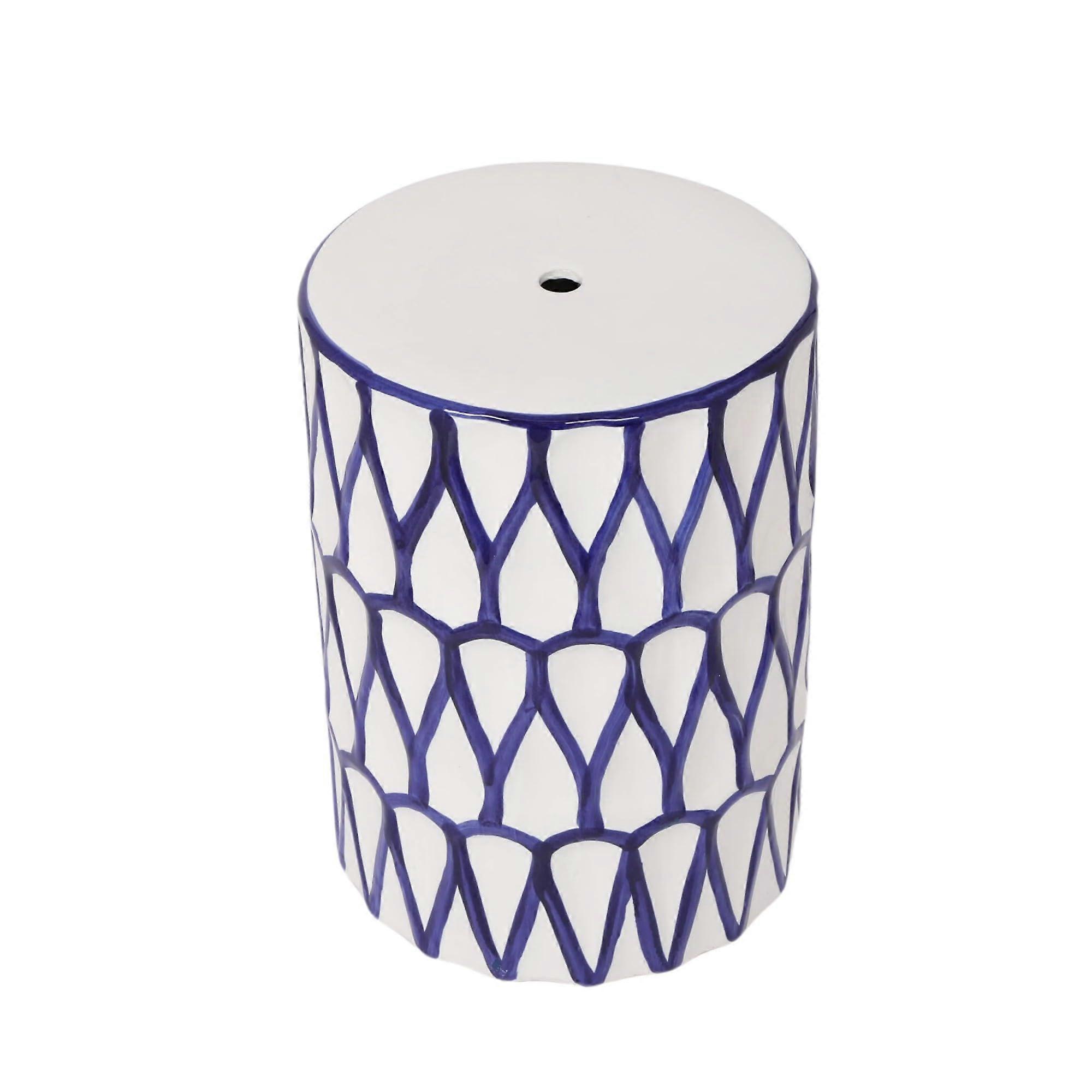 Blue and White Ceramic Garden Stool Outdoor Side Table Durable Glazed Compact Multiuse Design