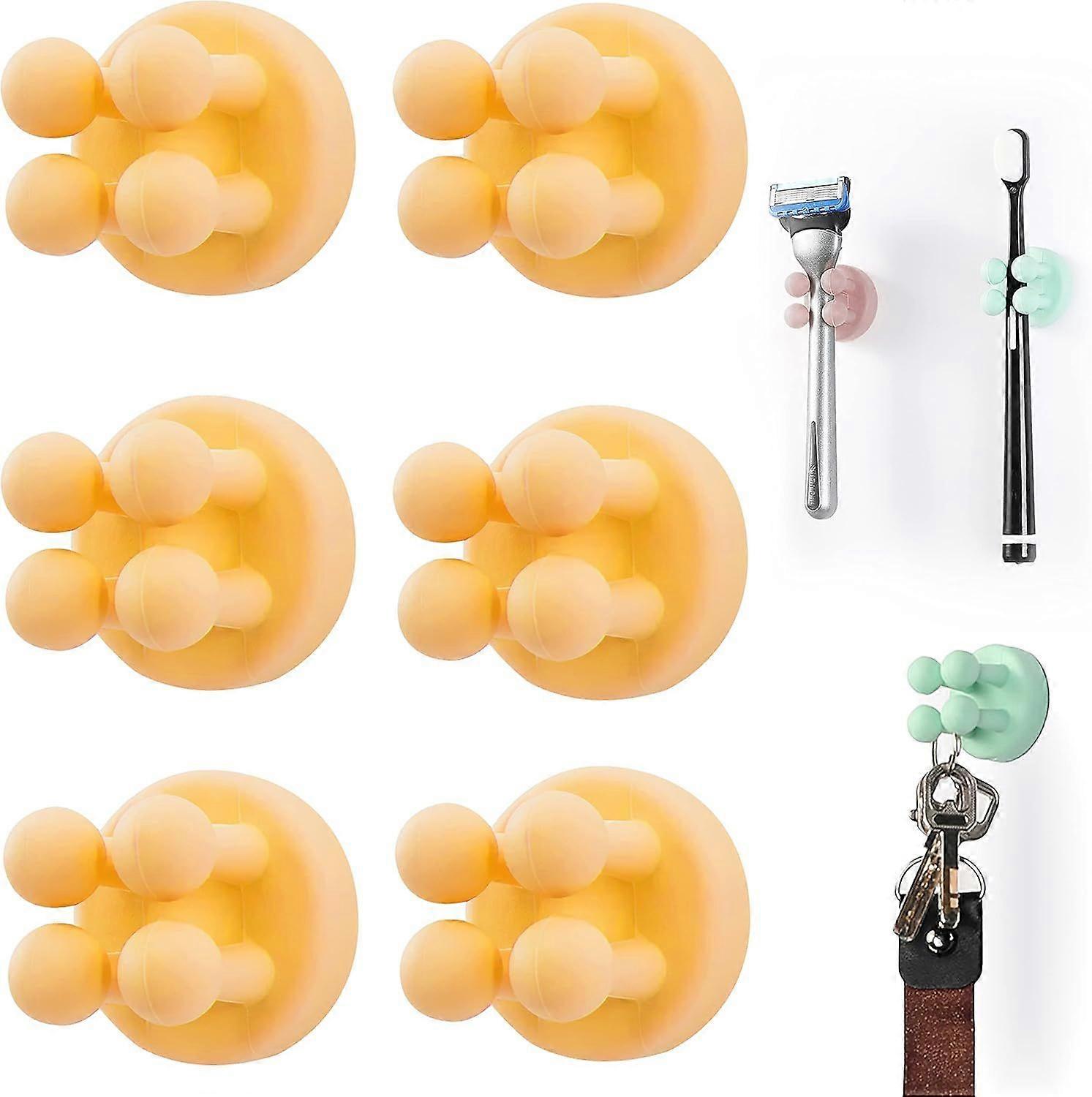 6 Pcs Silicone Toothbrush Holders Multi-Function Hook Razor holder Waterproof Self Adhesive Wall Mounted Single Hook,yellow