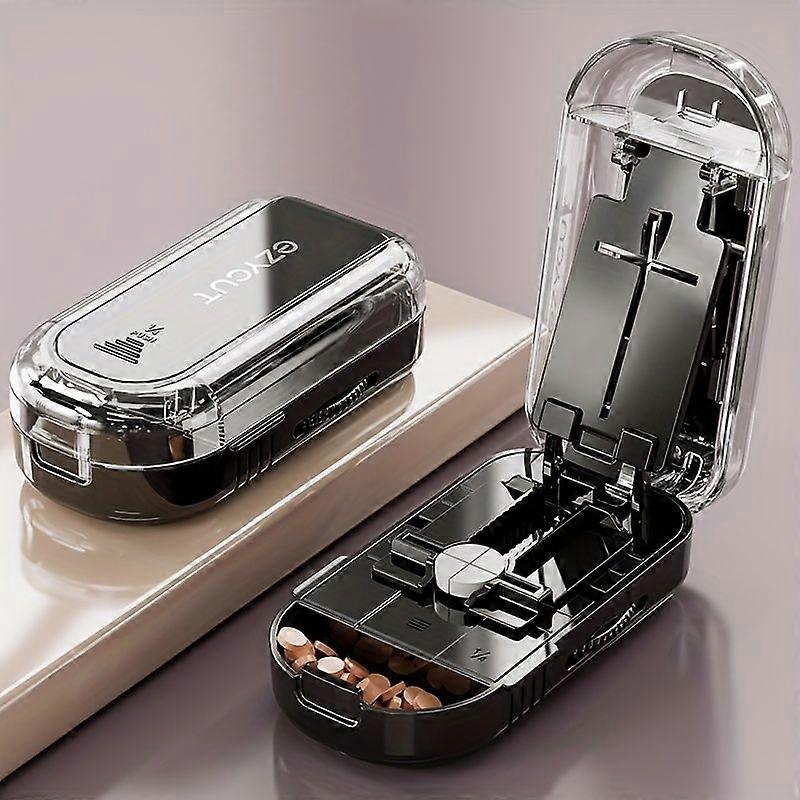 Pill Cutter with Replaceable Blade, Precise Alignment, Travel-Sized Storage Case, Dark Plastic with Transparent Lid