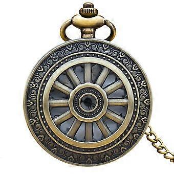 Vintage Bronze Hollow Wheel Roman Numeral Quartz Pocket Watch Necklace Chain