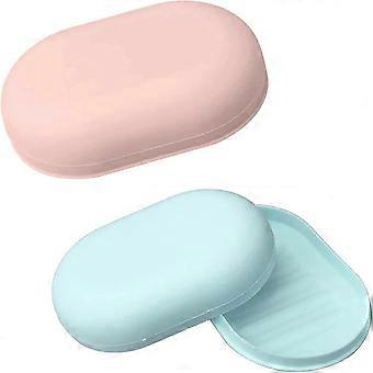 Contenitori portatili per sapone in 2 pezzi Scatola di sapone sigillata con coperchio (rosa + azzurro)
