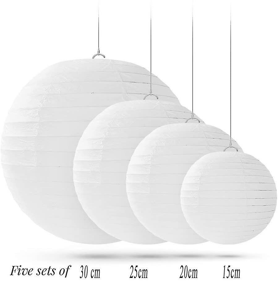 20 Pcs White Round Paper Lanterns With Wire Ribbing, Different Sized