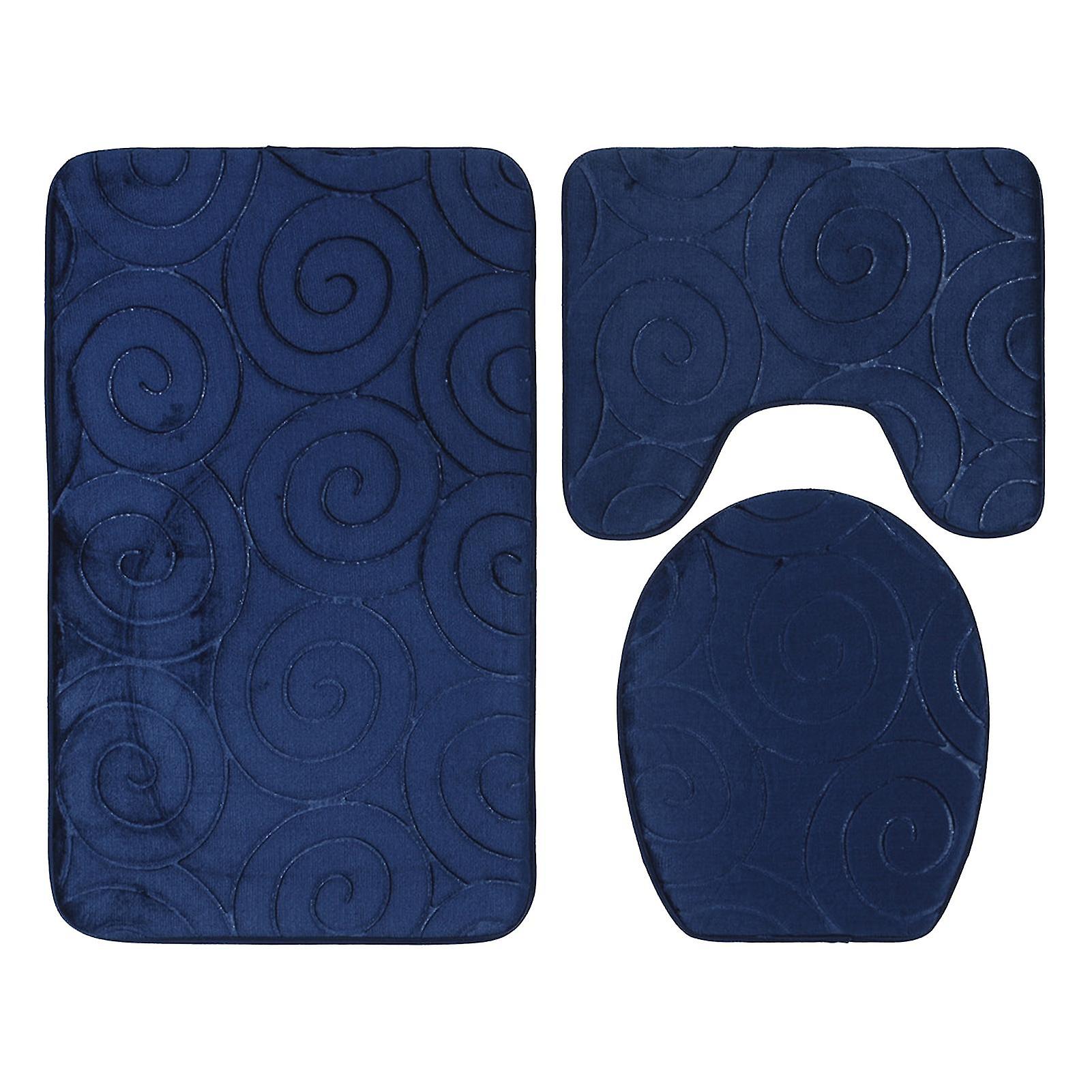 3 Piece Bathroom Rug Set with Embossed Stone Pattern, Toilet Lid Cover, Floor Mat, Absorbent Bathtub Mats, Navy Blue