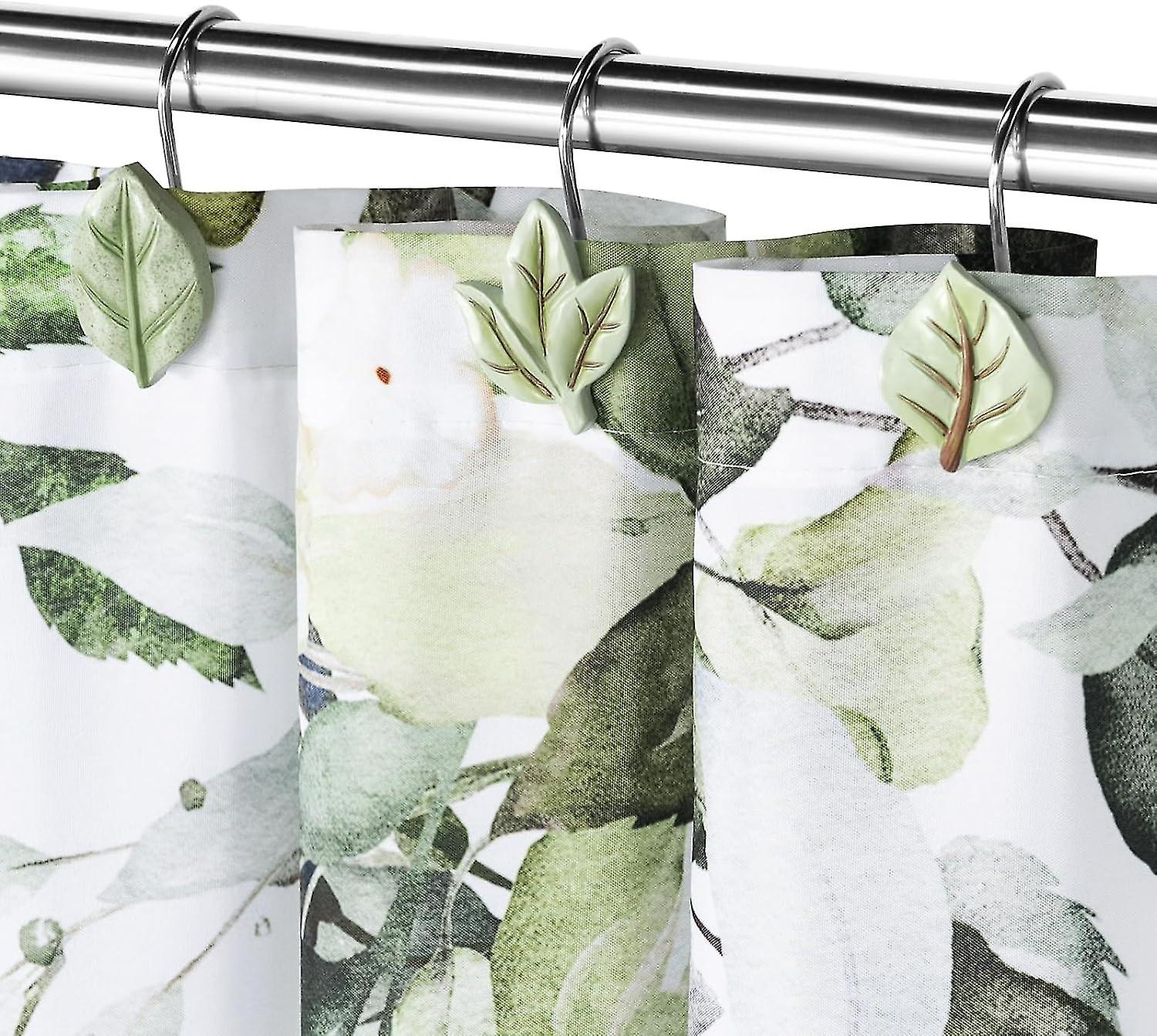 12pcs Leaf Shower Curtain Hooks - Double Hooks For Curtain & Liner, Rustproof Metal