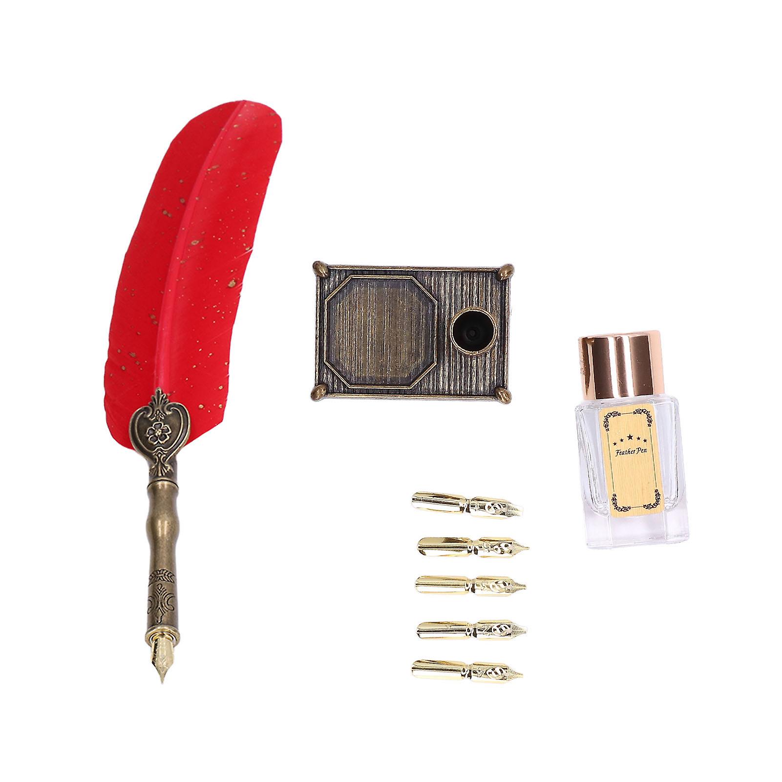 Red Feather Pen Set: Sprinkle Gold Luxury Quill with Nibs and Ink Bottle for Calligraphy