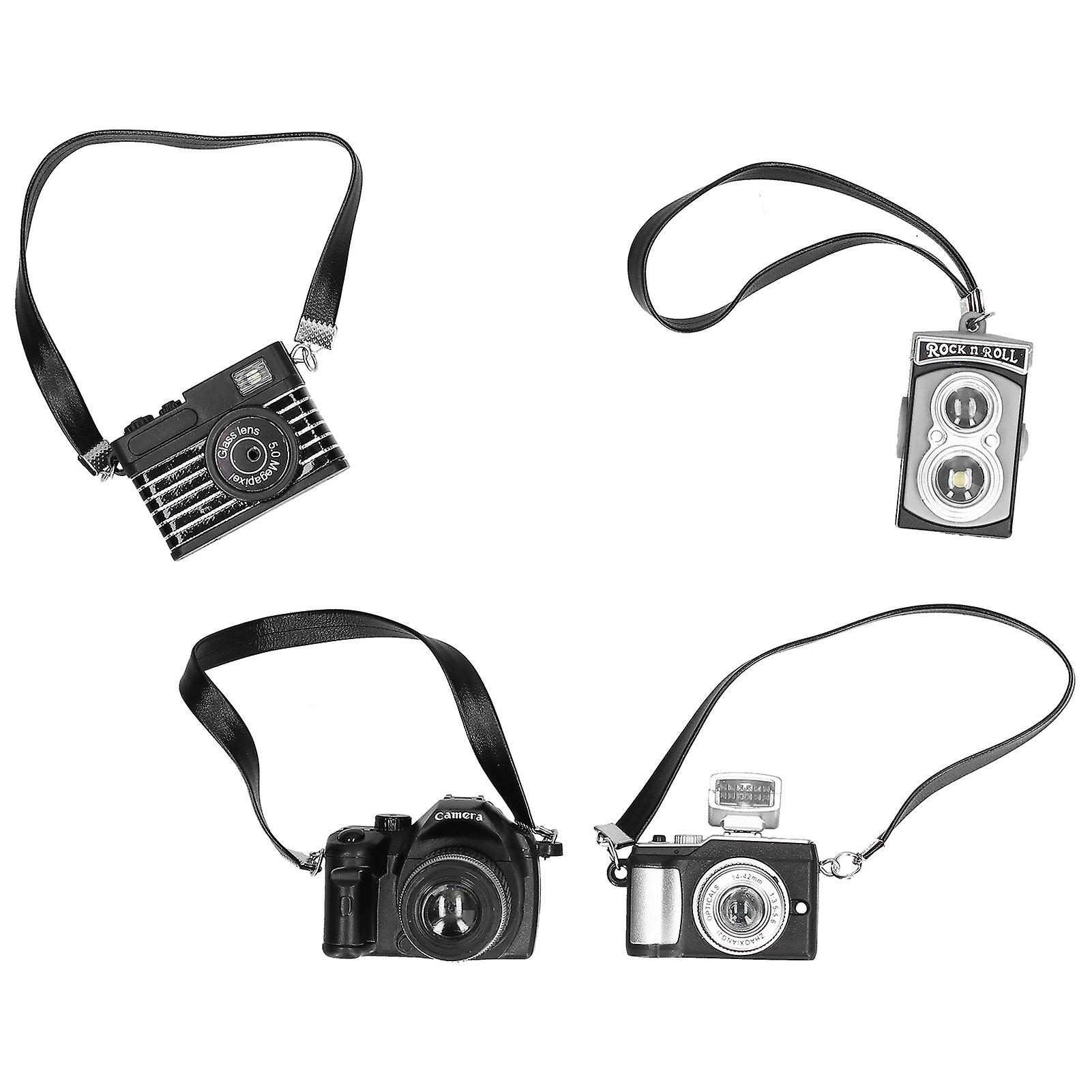4pcs Mini Dollhouse Camera Ornament Miniature Dollhouse Decoration SLR Camera with Lanyard