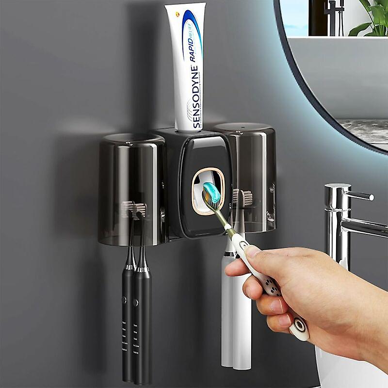 2 Cup Toothbrush Holder (Black), Wall Mounted Toothpaste Dispenser with Toothbrush Holder, Automatic Toothpaste Squeezer