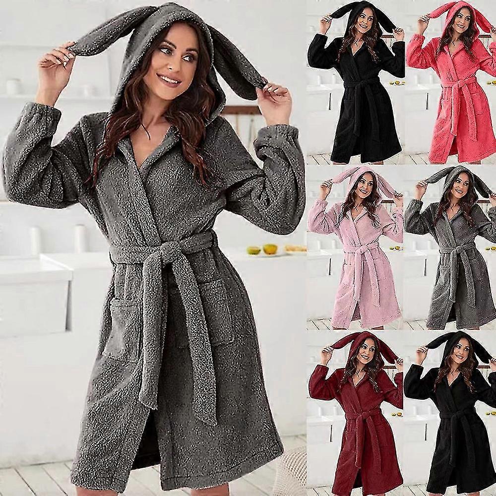 Women's Lovely Rabbits Ear Hooded Bathrobe Nightgown Stylish Soft Loose Sleep Clothings For Home Wea