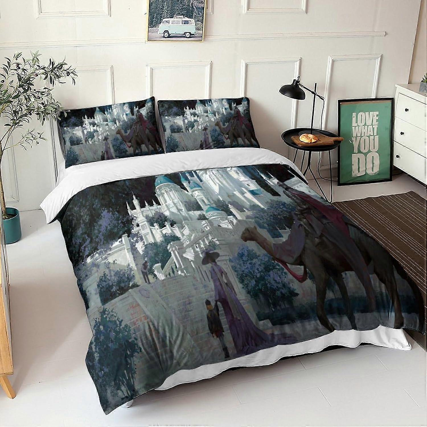 Medieval Castle Bedding Set Microfiber Pieces with Duvet Cover and Pillowcase Zipper Closure for Adults and Children Nude Fortress Print Pattern 135*2
