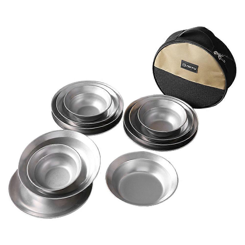 12pcs Camping Tableware Sets Reusable Stainless Steel Plates and Bowls for Outdoor Camping Hiking