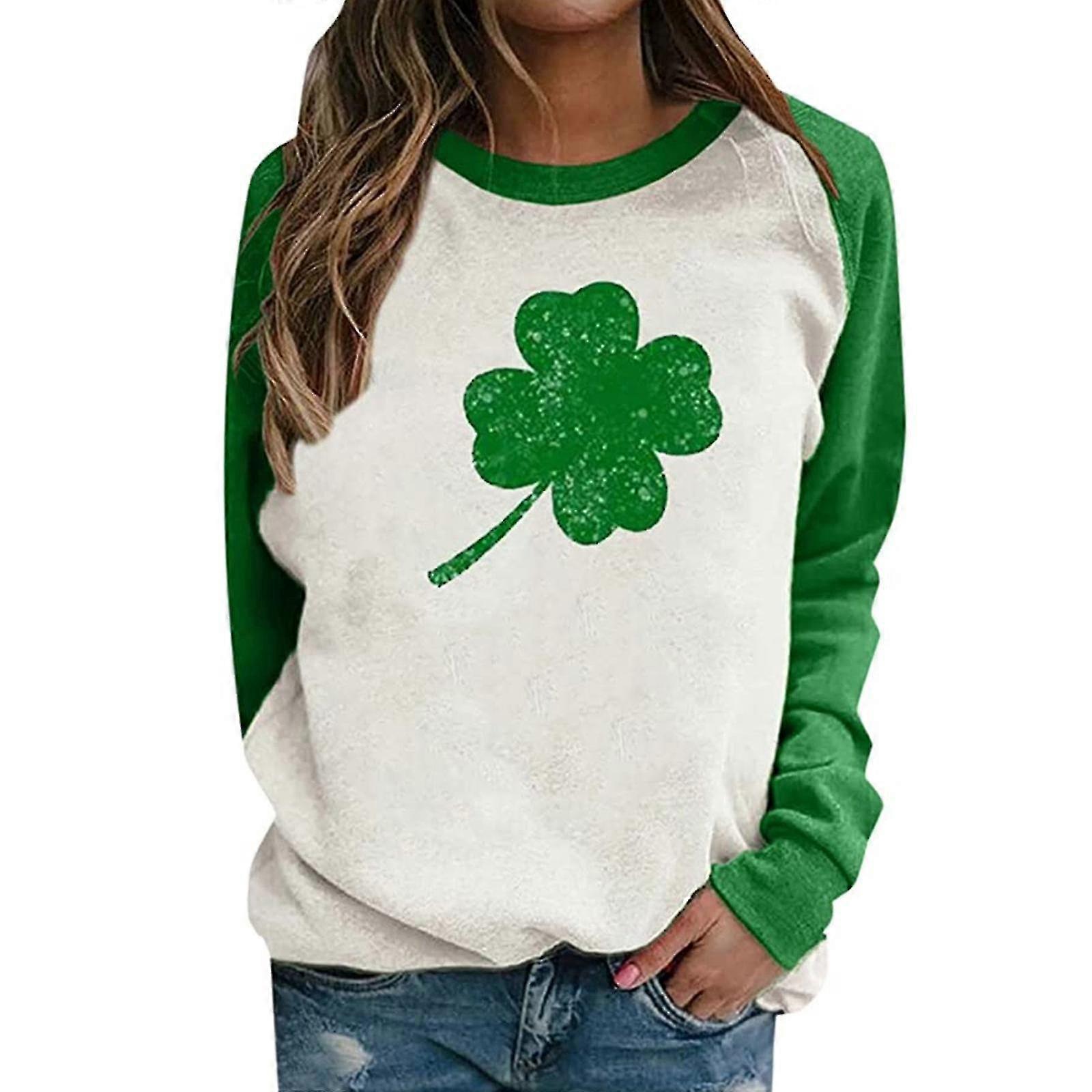 St Patricks Day Loose Long Sleeve Shamrock Pattern Lucky Irish Shamrock Print Pullover Top L