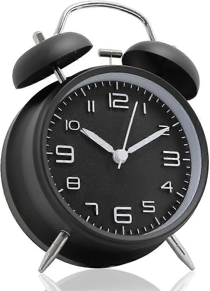 [non-ticking 4" Twin Bell Alarm Clock - Metal Frame 3d Dial With Backlight Function - Desk Table Clock For Home And Office - Midnight Black