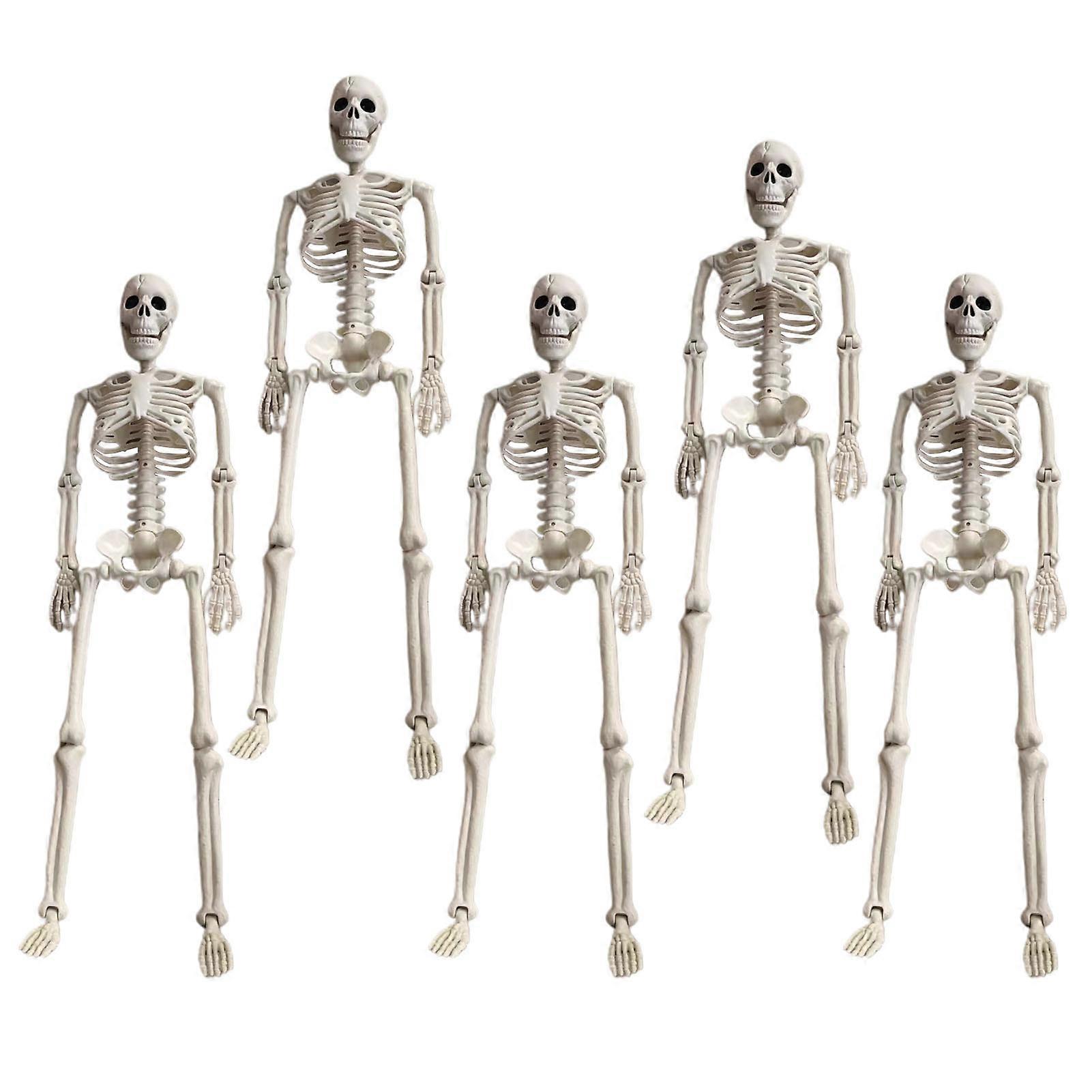 Halloween Skeleton Figurine 5 Pack 16in Full Body Posable Joints Bone Statue Spooky Cobweb Ornament with 20 Fake Spiders Halloween Decoration
