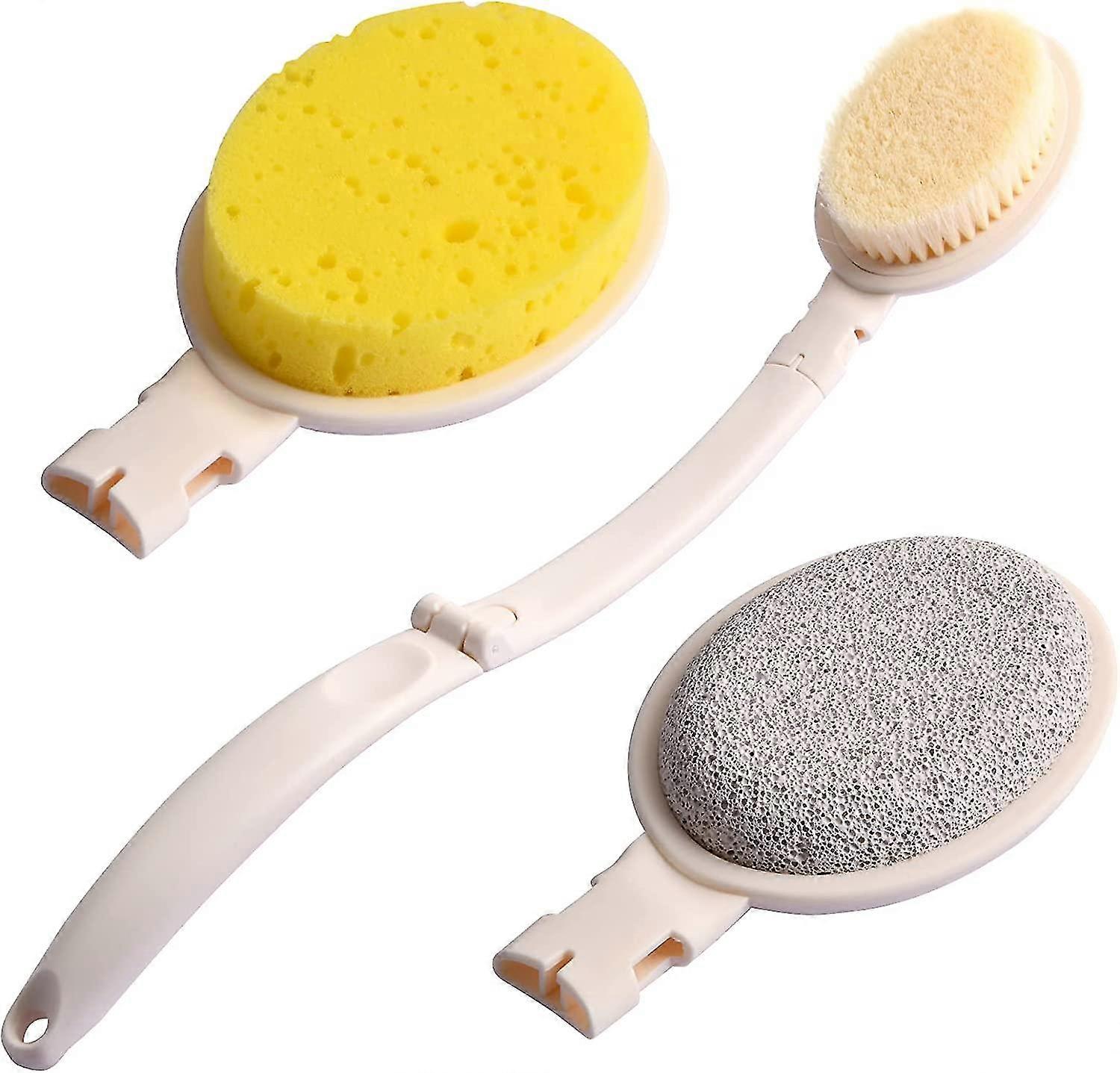 3 In 1 Bath Brush Set, Foldable Shower Brush With Long Handle, Bath Brush With 3 Replaceable Heads Bristle Sponge Pumice Head For Exfoliating Shower