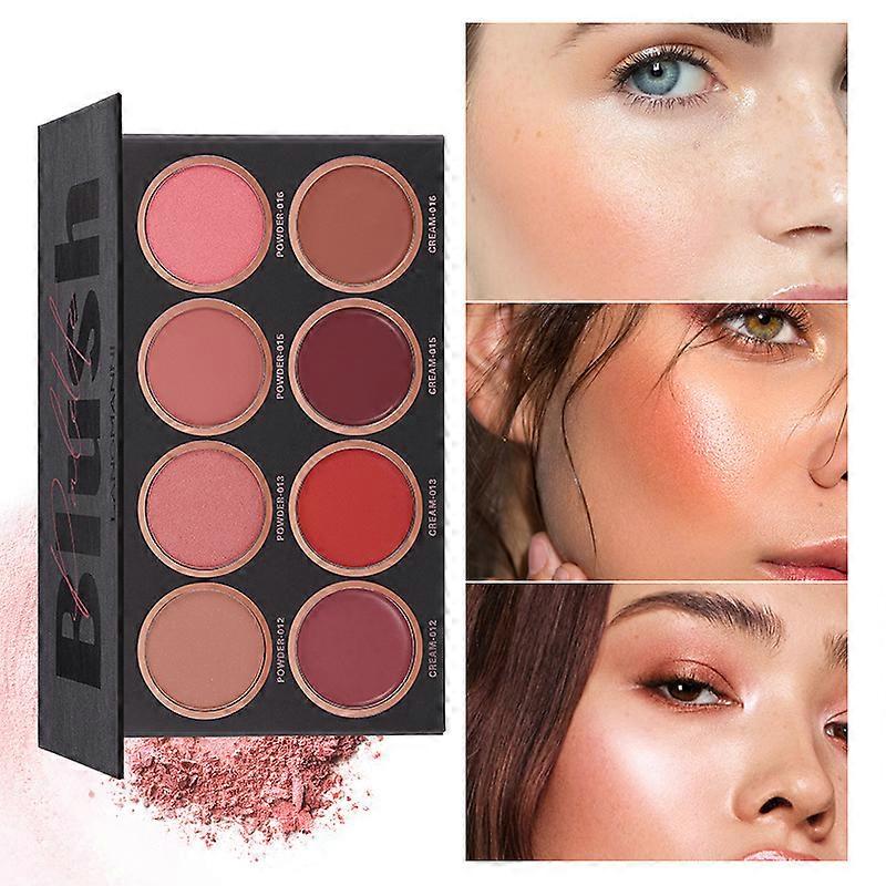 8 Colors Face Blush Palette4 Color Mineral Blush Powder & 4 Color Cream BlusherMatte & Shimmer Finishes Color from light to dark for Cheek and Eye Mak