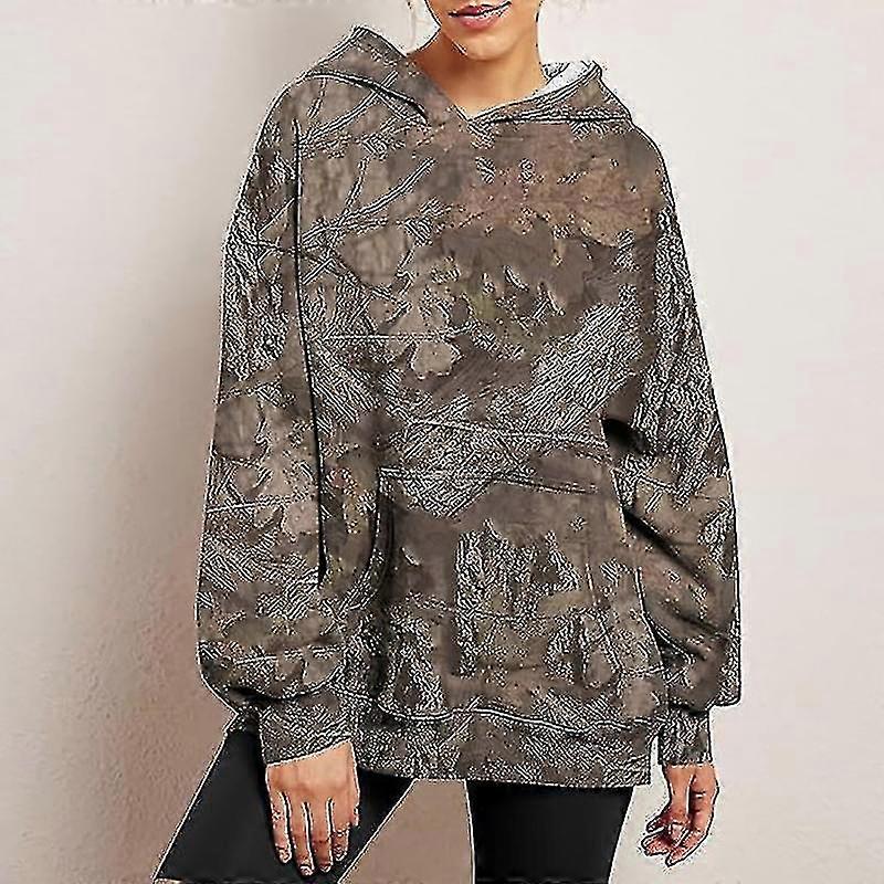 Damska bluza z kapturem Camo Print Oversized Bluza z polaru Casual Pullover z kieszeniami