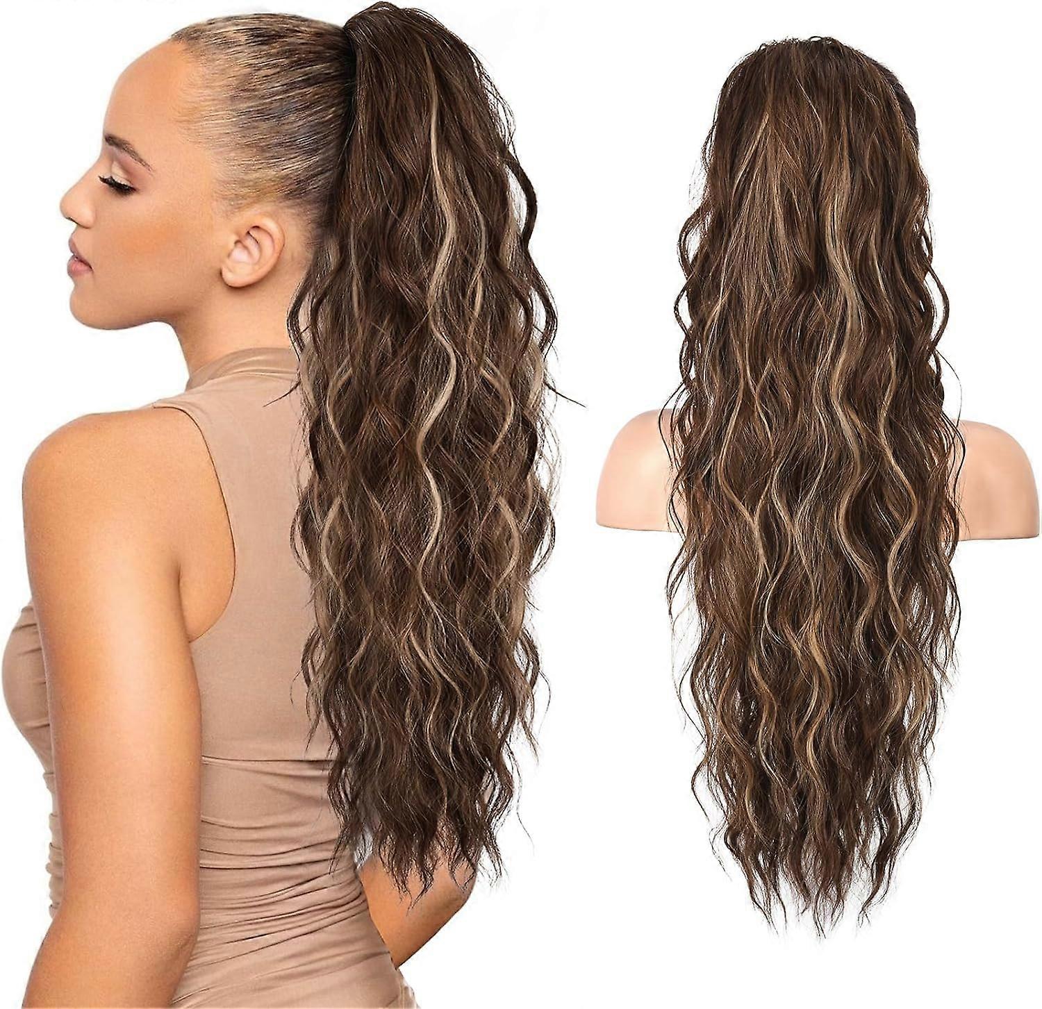 Ponytail-pidennys, 26" pitkä ranta aalto kiristysnauha pony hiusten pidennys synteettinen poninhäntä hiuslisäke naisille - musta