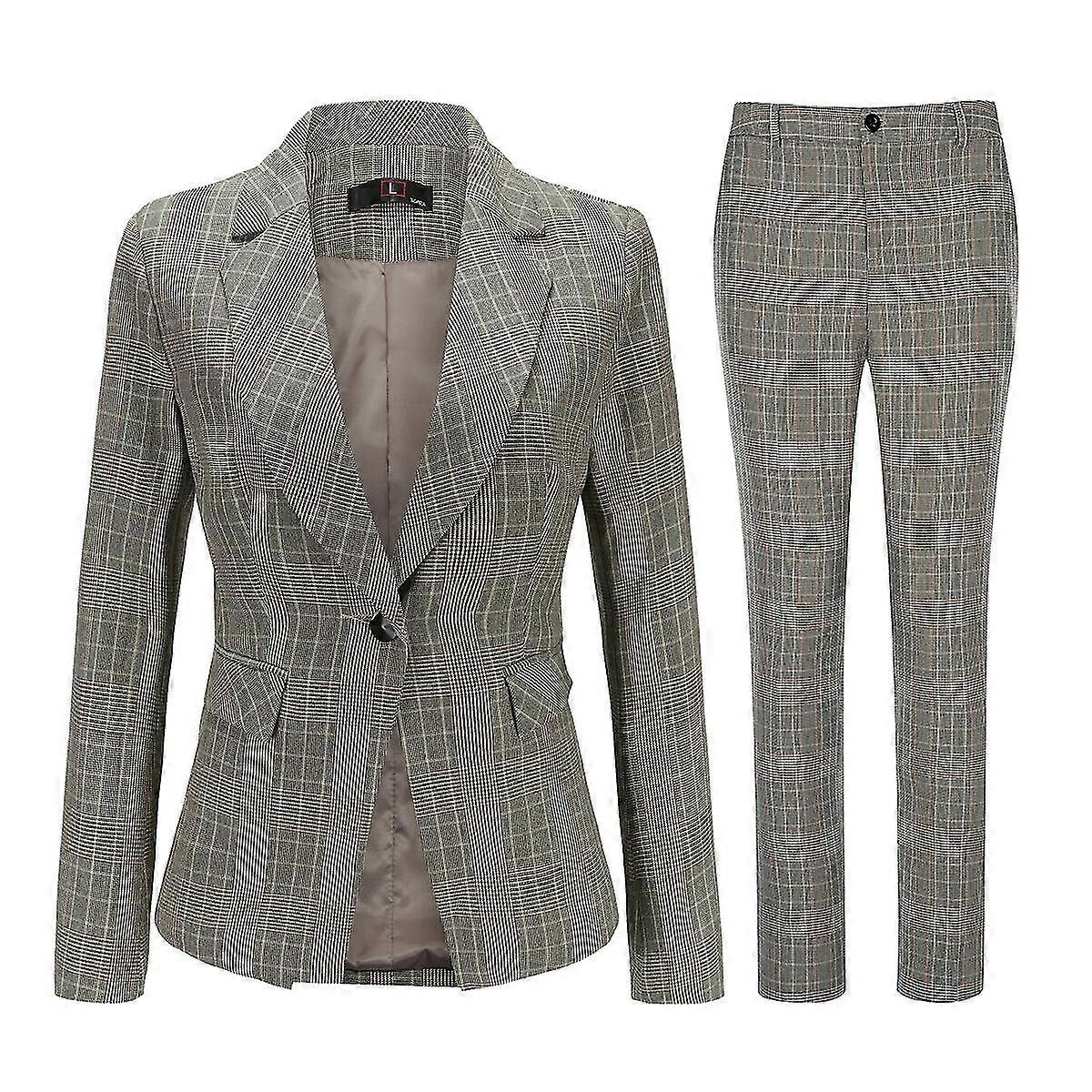 VAWAN Womens Professional Check Slim Fit Notched Lapel One Button Pant Suit (Blazer and Pants)