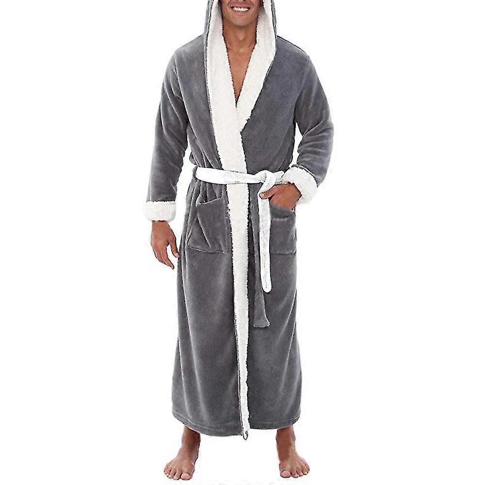 Men Long Hooded Bathrobe Soft Nightgown Robe Dressing Gown Nightwear