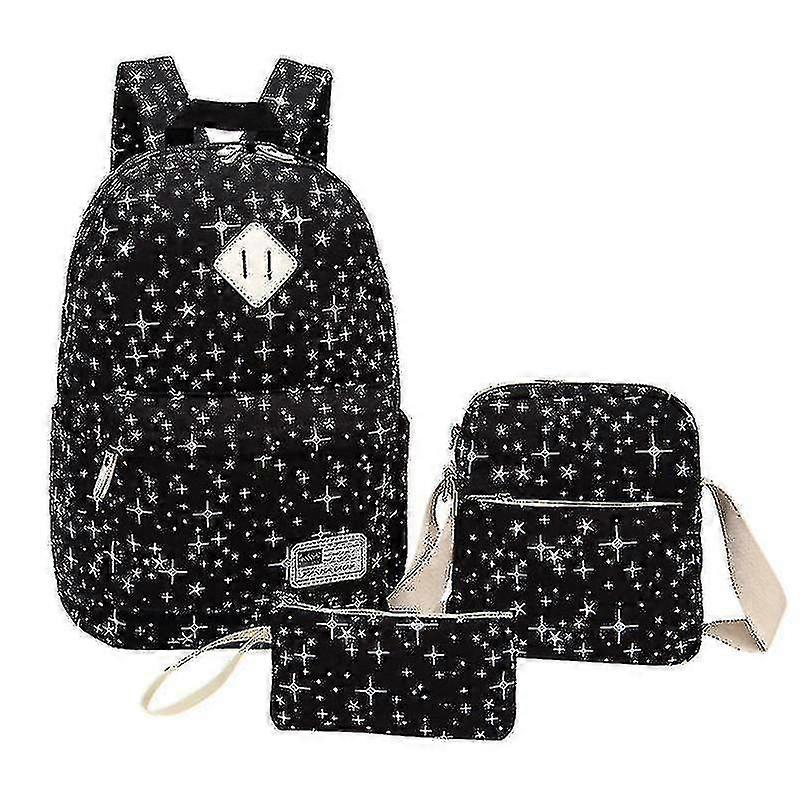 YYH-3pcs starry sky printed canvas backpack diagonal bag pen caseBlack