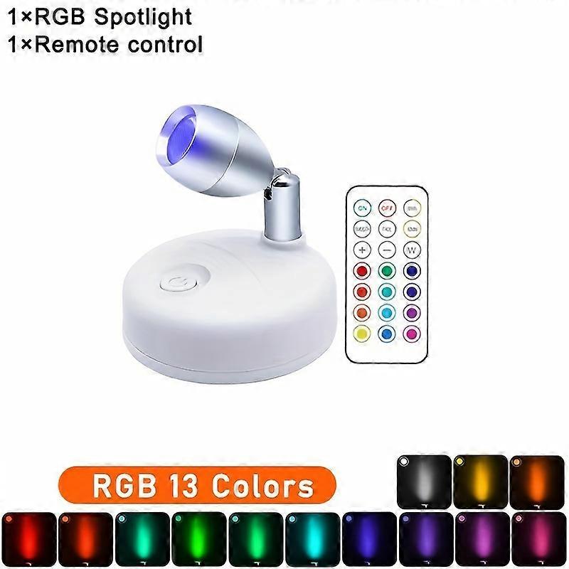 1/2pcs RGB Wireless LED Spotlight With Remote Control, 13 Colors Spotlight Dimmable, Battery Powered Night Light, With Rotatable Head For Walls, Hallw