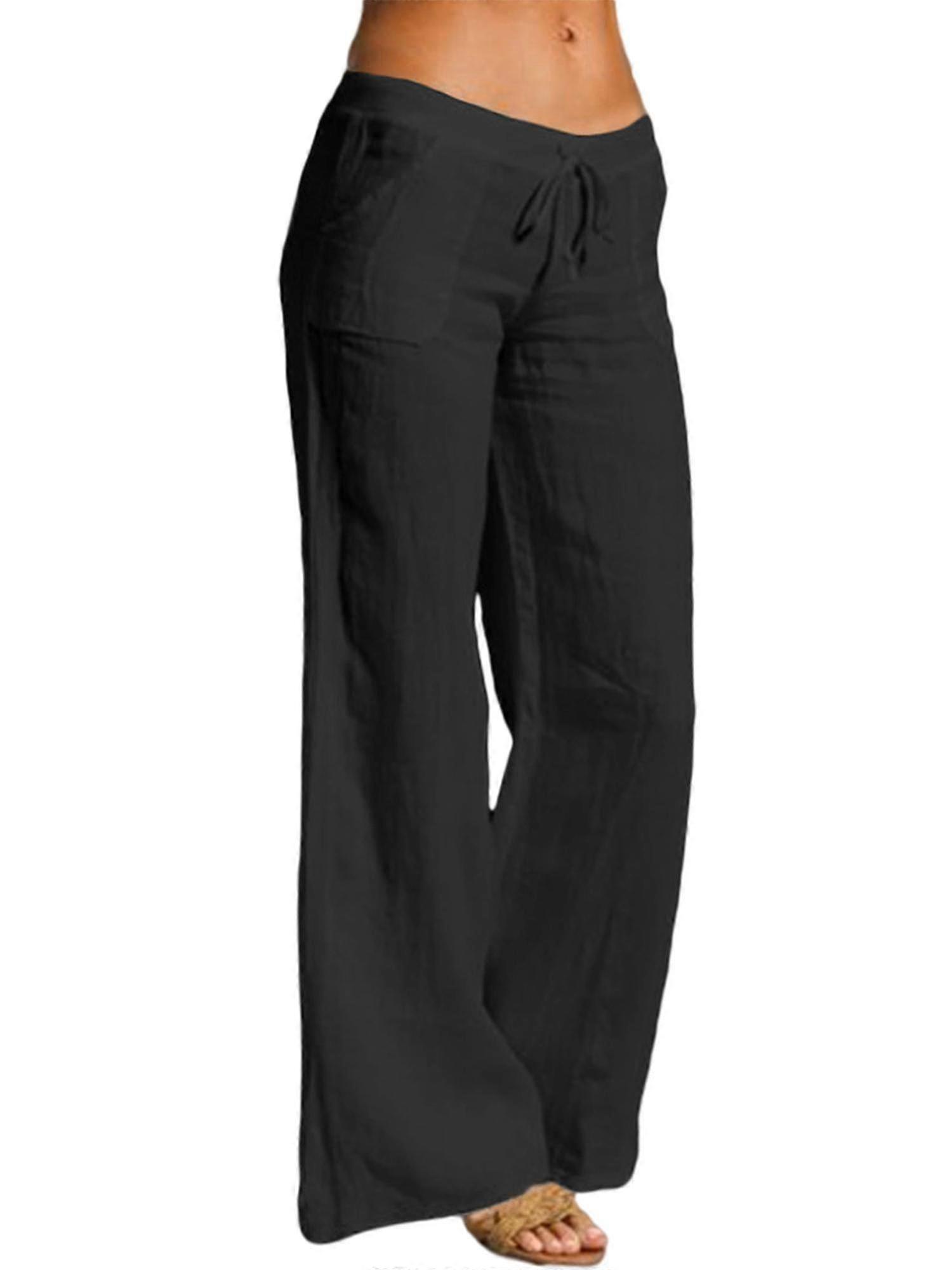 Summer Women'S Elastic Waist Pants Cotton Linen Wide Leg Pants Solid Color Casual Breathable