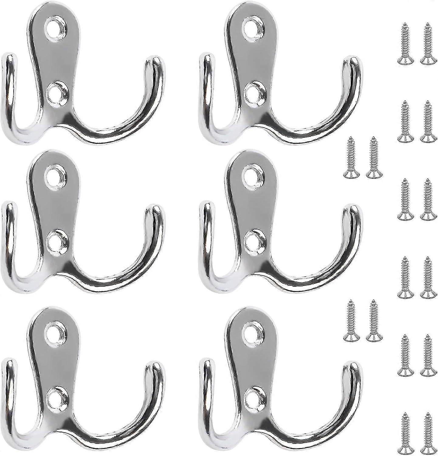 6 Pcs Double Prong Robe Hooks Dual Coat Hooks Door Hooks With 16 Pcs Screws Chrome Wall Mounted Hooks For Hanging Hat Tie Clothes Towel Metal Retro