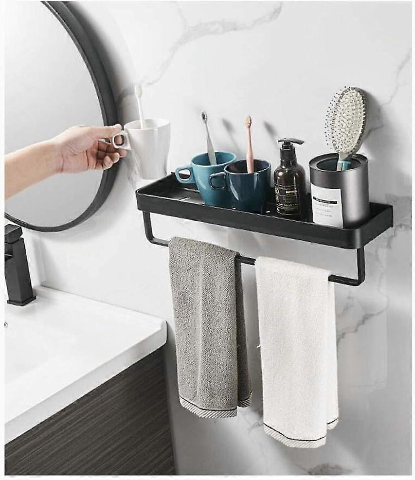 Håndklædeholder, firkantet badeværelseshylde med håndklæde og vægmonteret stang, lavet af massiv aluminiumslegering mat sort finish, sort, 30cm