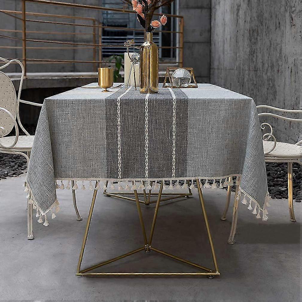 (Gray Stripe,Rectangle/Oval,140x260cm)Modern Simple Stripe Tablecloth Tassel